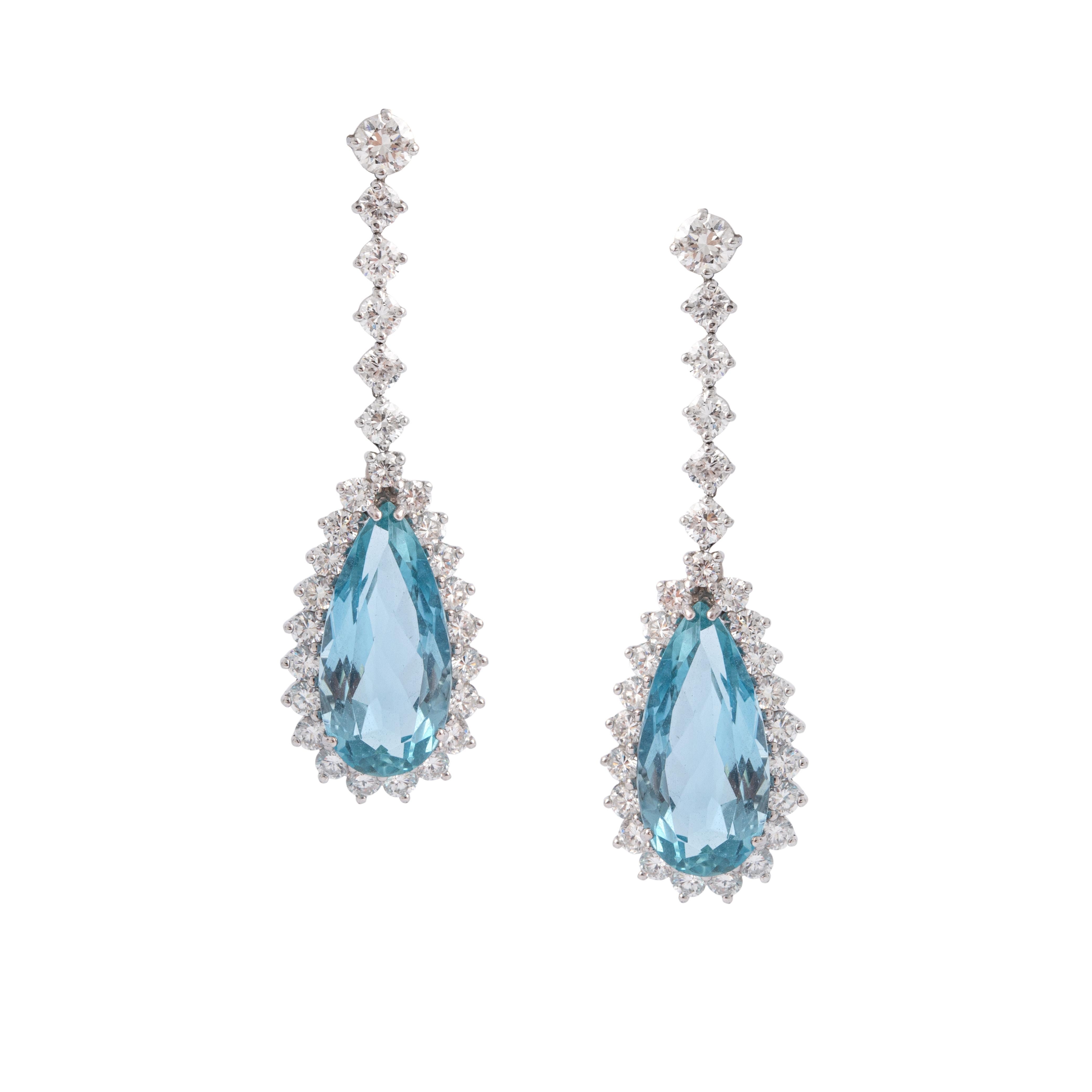 Pear Cut Aquamarine Diamond 18K White Gold Earrings For Sale