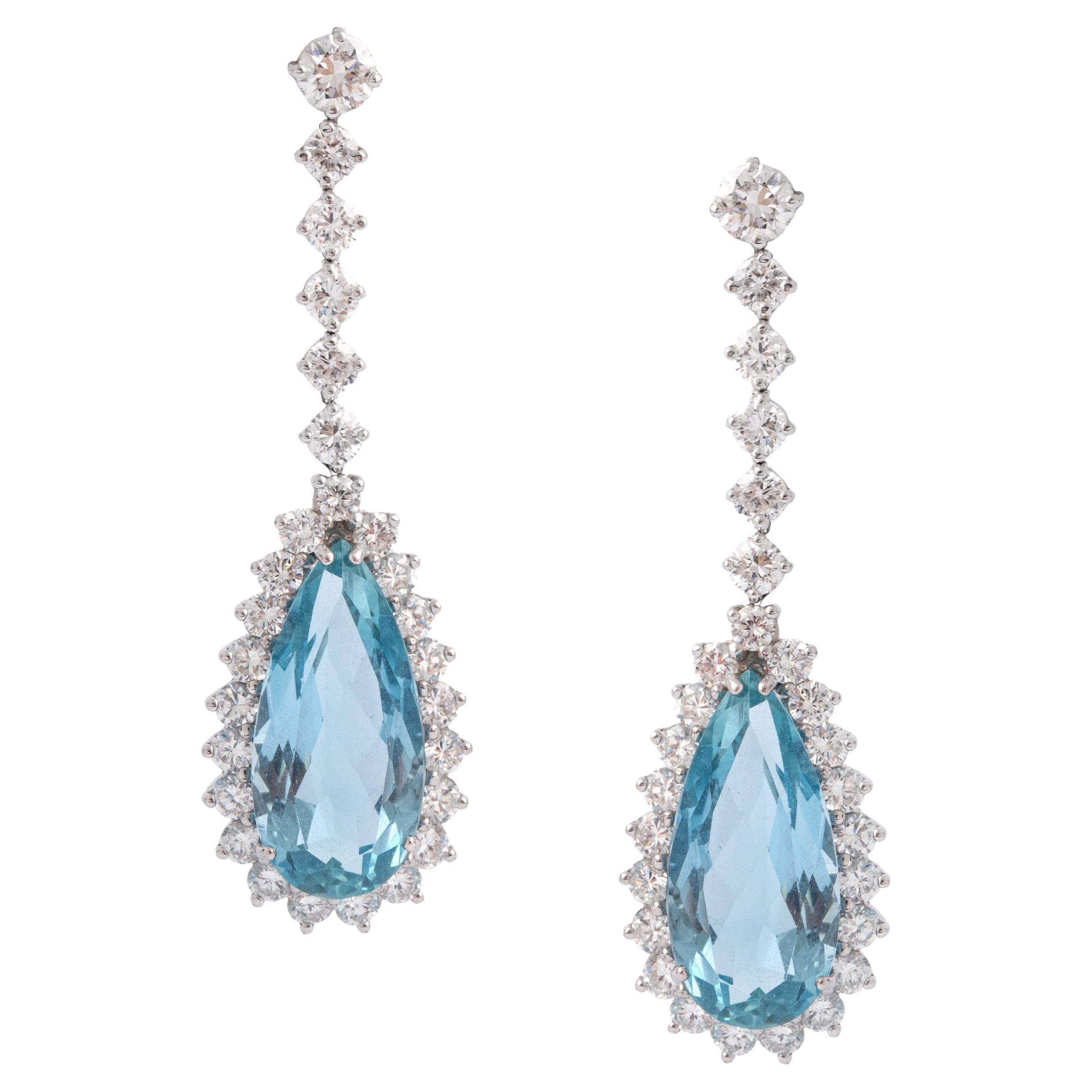 Aquamarine Diamond 18K White Gold Earrings For Sale