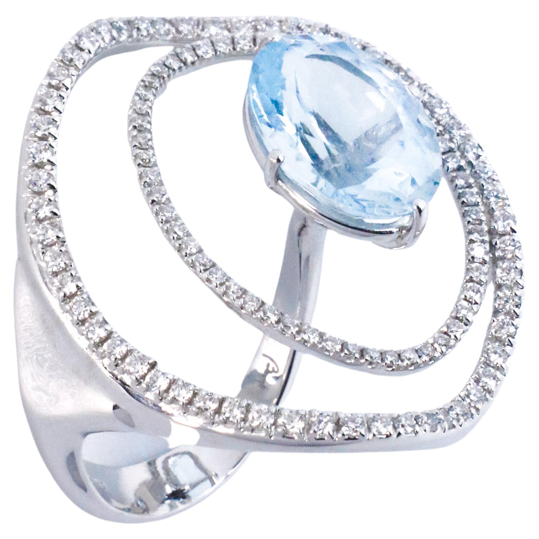 18k Gold Made in Italy Aquamarine Diamond Innovatively Worn Cosmic Cocktail Ring