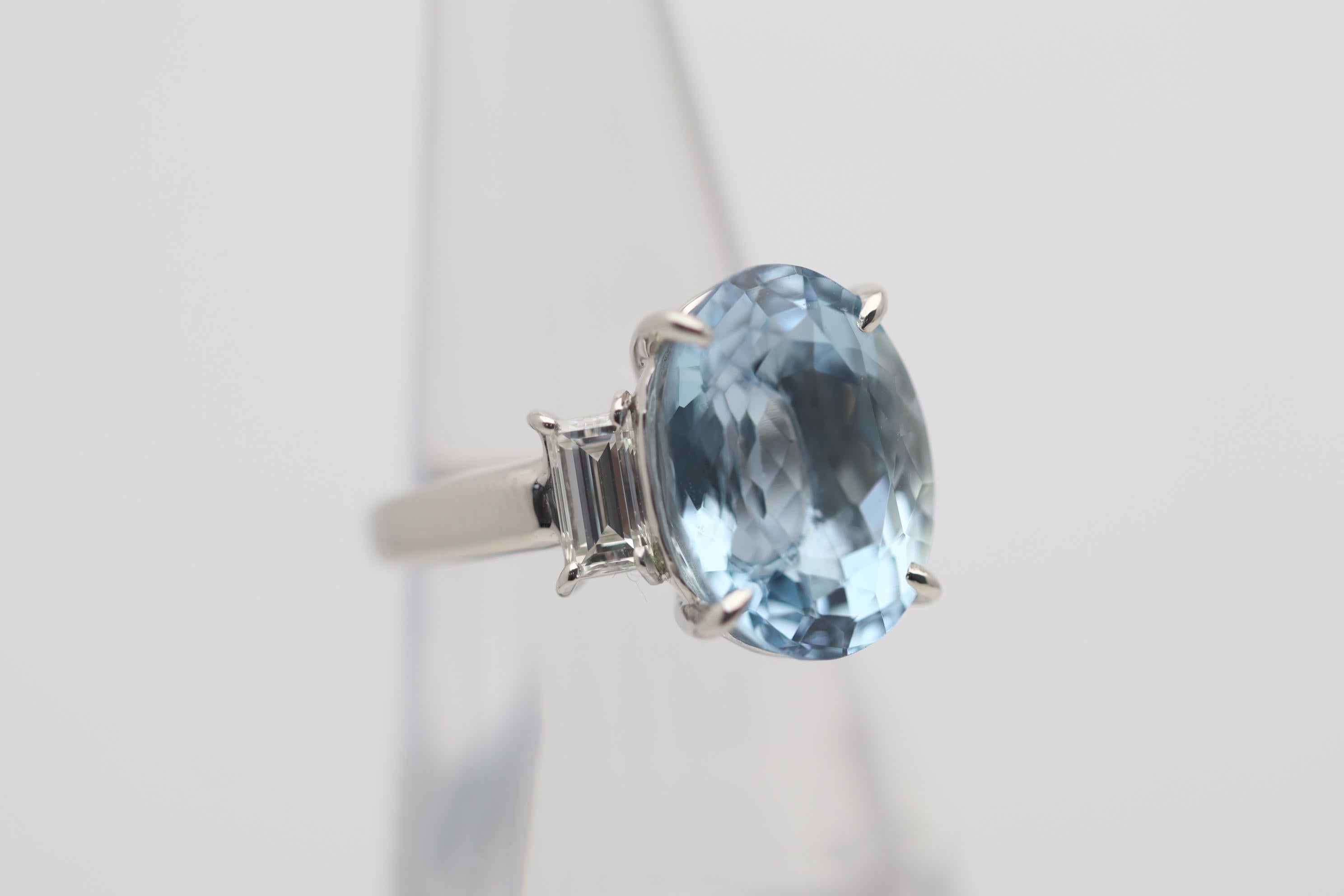 Oval Cut Aquamarine Diamond 3-Stone Platinum Ring For Sale