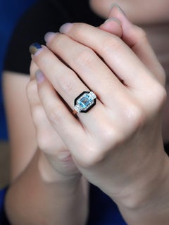 Aquamarine Diamond and Black Enamel Art Deco Style Ring in 14K Yellow Gold