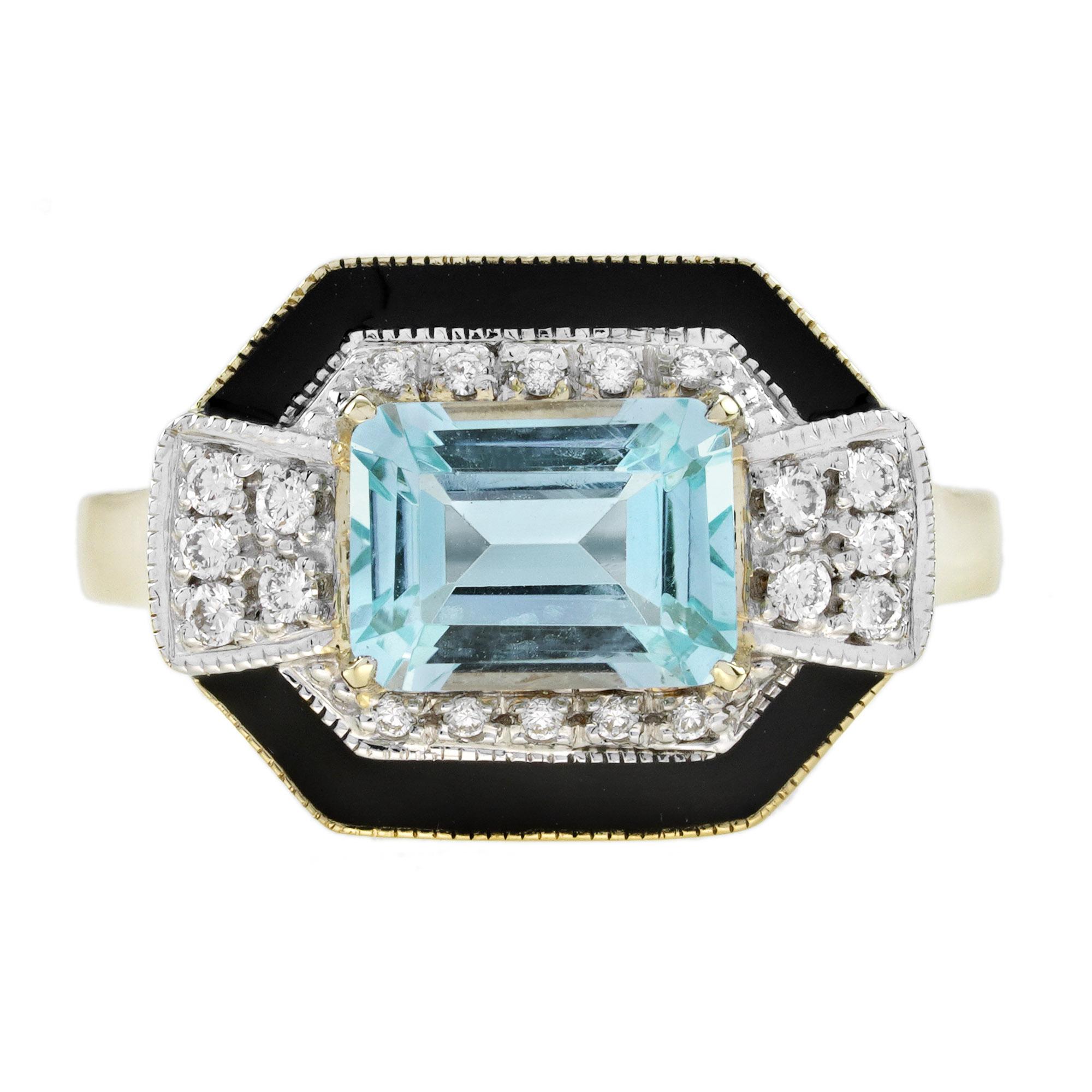 Aquamarine Diamond and Black Enamel Art Deco Style Ring in 14K Yellow Gold
