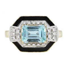 Aquamarine Diamond and Black Enamel Art Deco Style Ring in 14K Yellow Gold