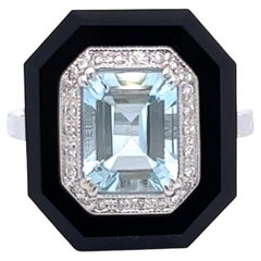 Aquamarine, Diamond and Black Onyx Ring