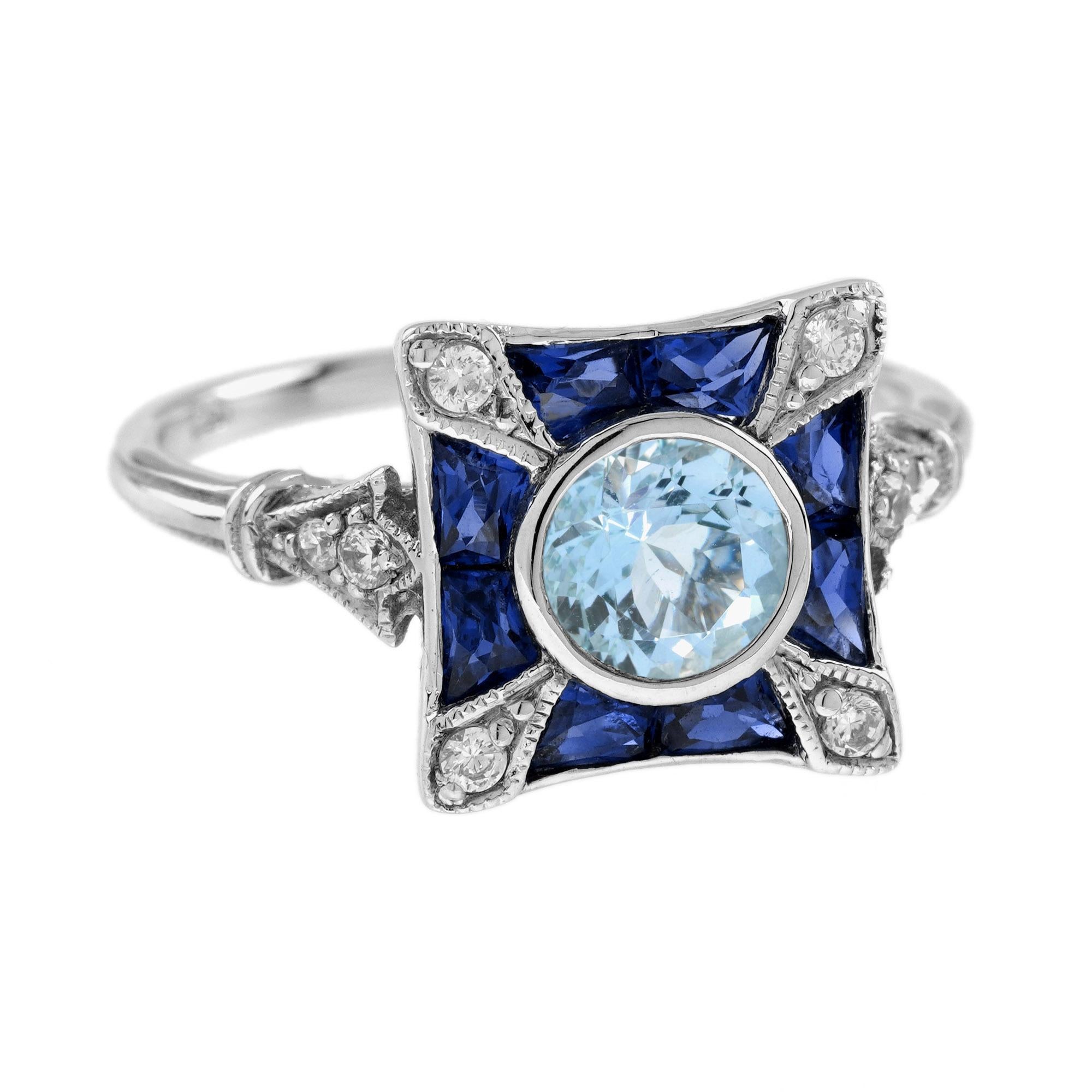 Donna Anello di fidanzamento in stile Art Deco con diamante acquamarina e zaffiro blu in oro 14 carati in vendita