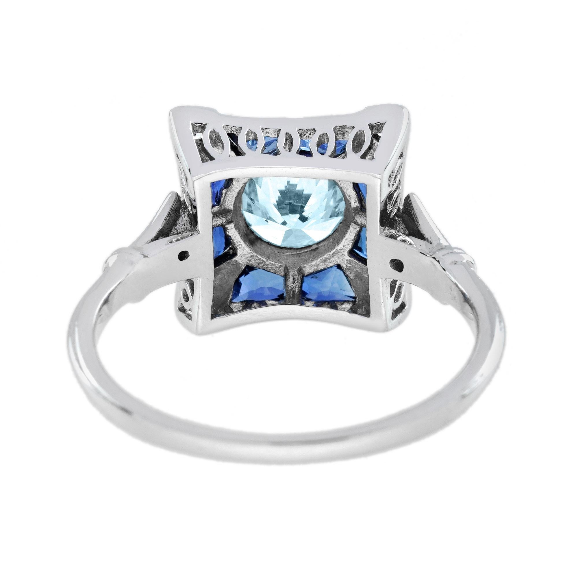 Anello di fidanzamento in stile Art Deco con diamante acquamarina e zaffiro blu in oro 14 carati in vendita 2