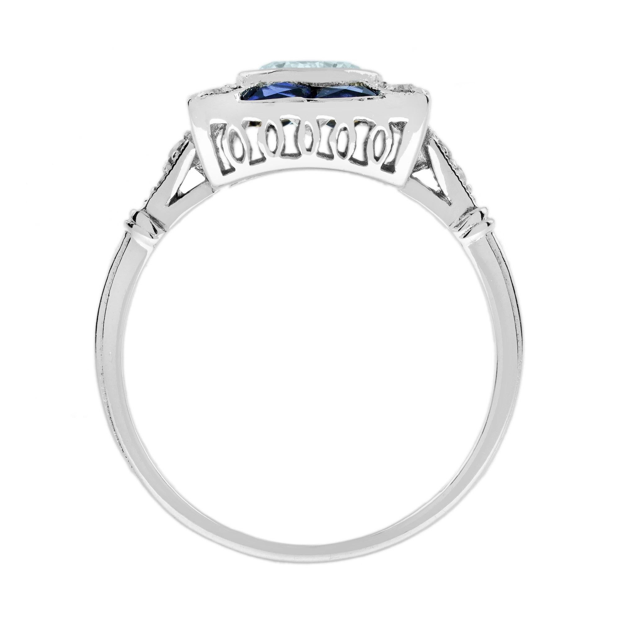 Anello di fidanzamento in stile Art Deco con diamante acquamarina e zaffiro blu in oro 14 carati in vendita 3
