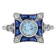 Aquamarine Diamond and Blue Sapphire Art Deco Style Engagement Ring in 14K Gold