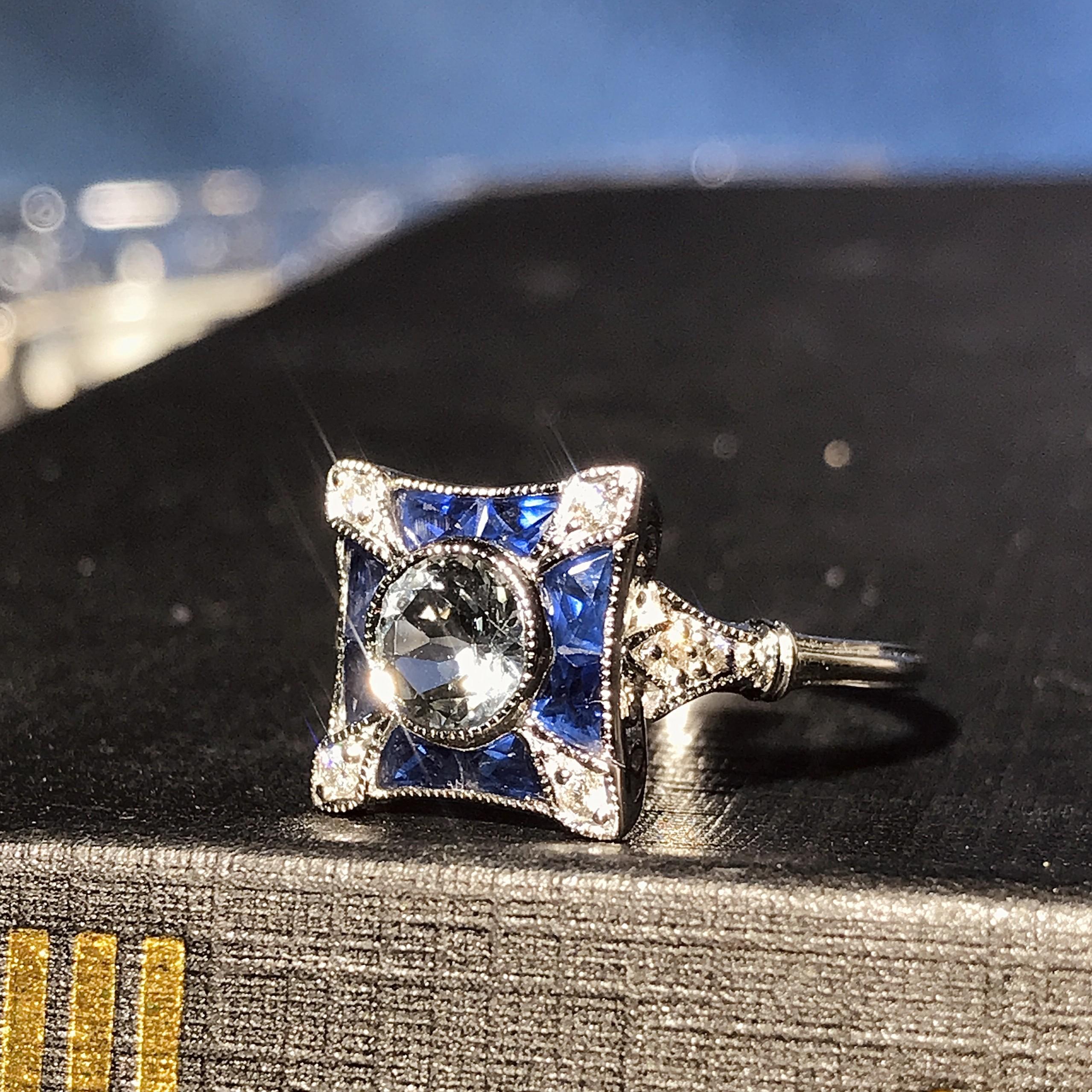 For Sale:  Aquamarine Diamond and Blue Sapphire Art Deco Style Engagement Ring in 18K Gold 2
