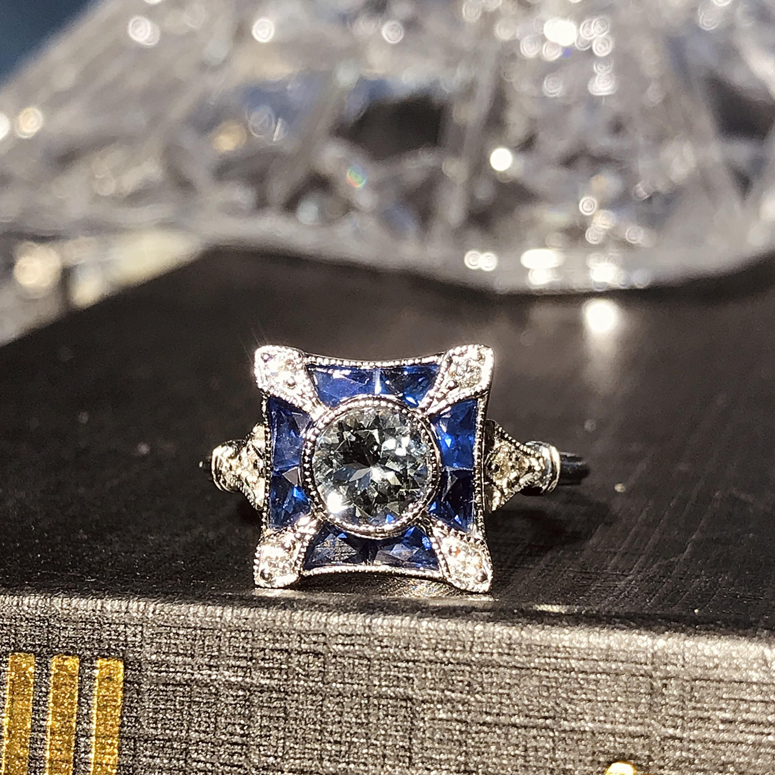For Sale:  Aquamarine Diamond and Blue Sapphire Art Deco Style Engagement Ring in 18K Gold 3