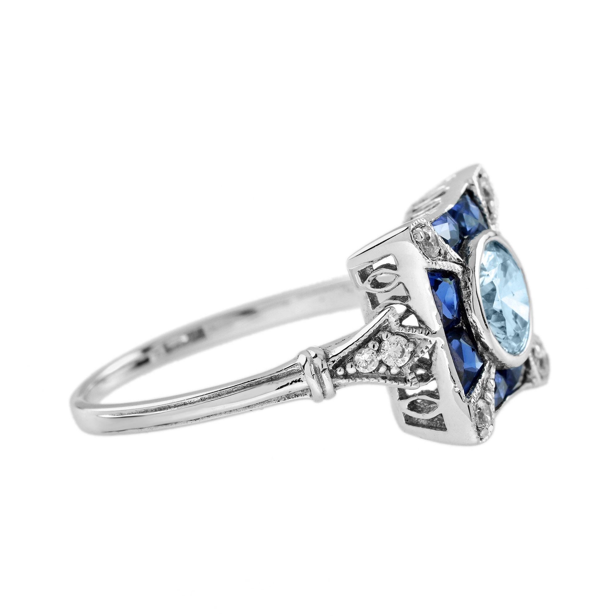 For Sale:  Aquamarine Diamond and Blue Sapphire Art Deco Style Engagement Ring in 18K Gold 4