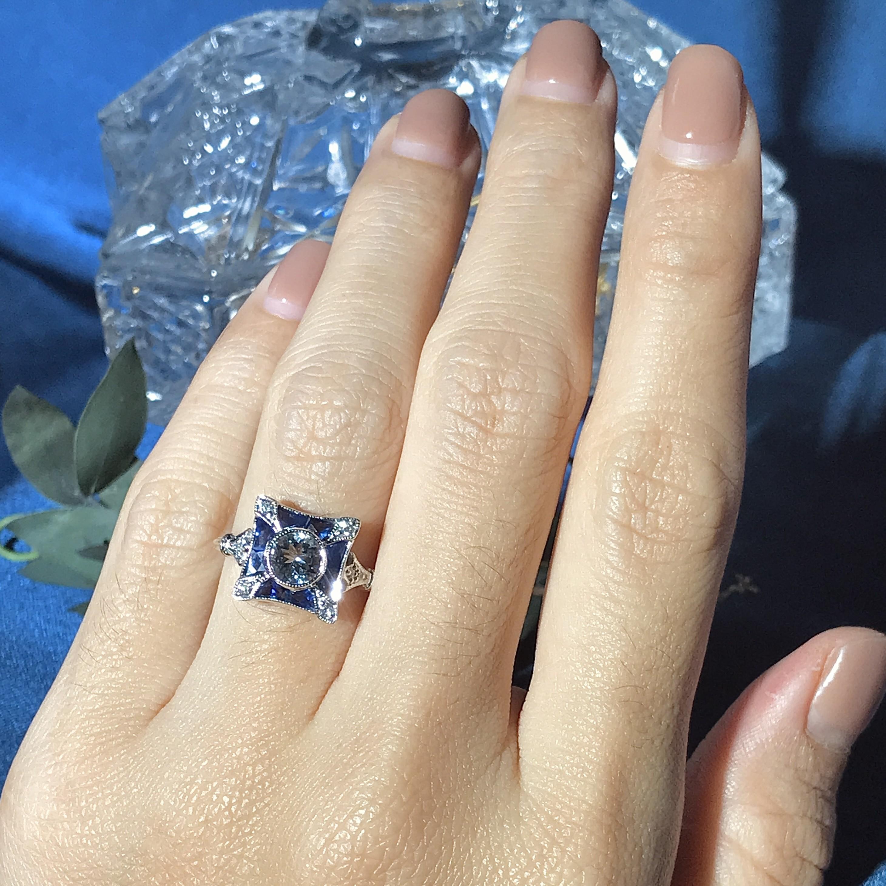 For Sale:  Aquamarine Diamond and Blue Sapphire Art Deco Style Engagement Ring in 18K Gold 4