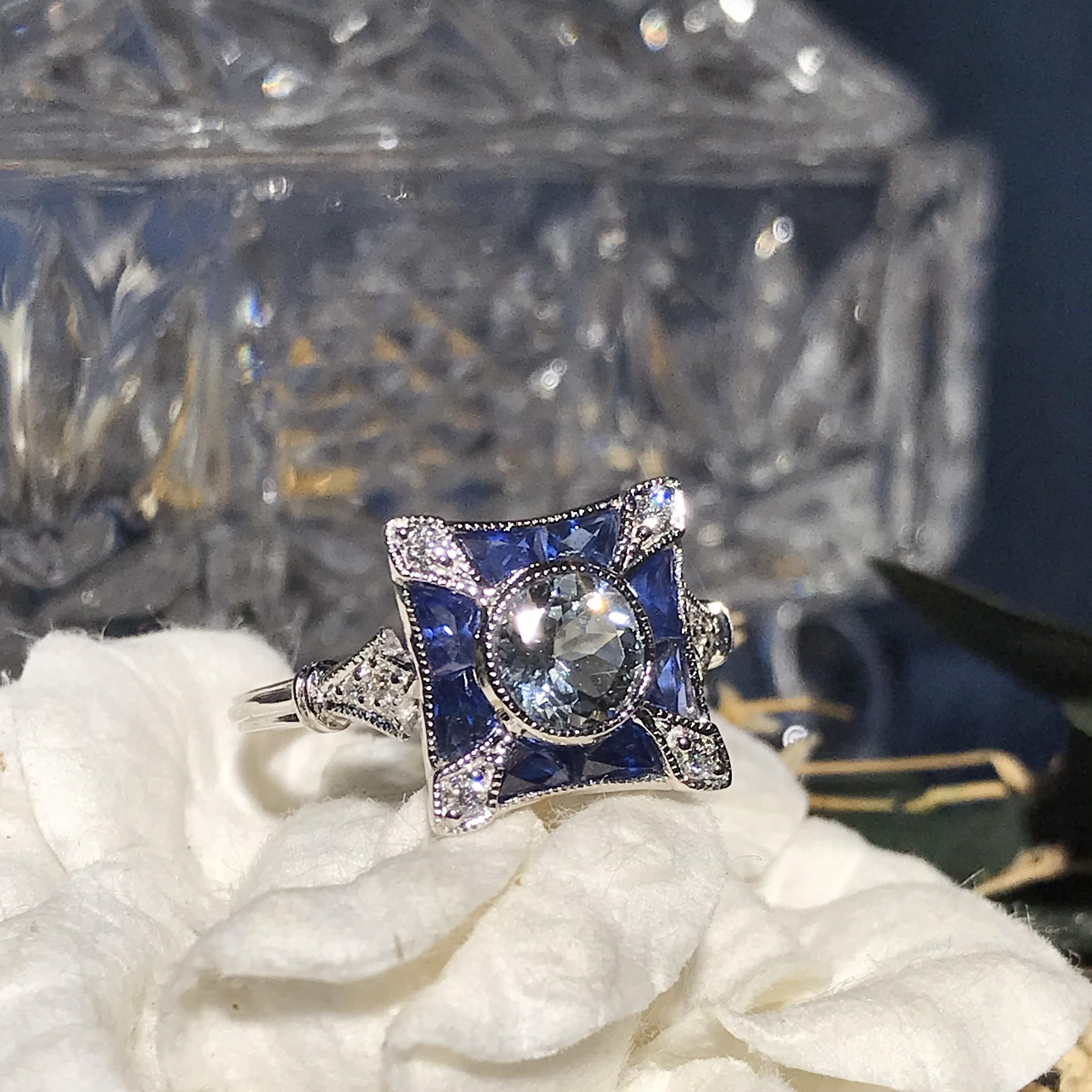 For Sale:  Aquamarine Diamond and Blue Sapphire Art Deco Style Engagement Ring in 18K Gold 5