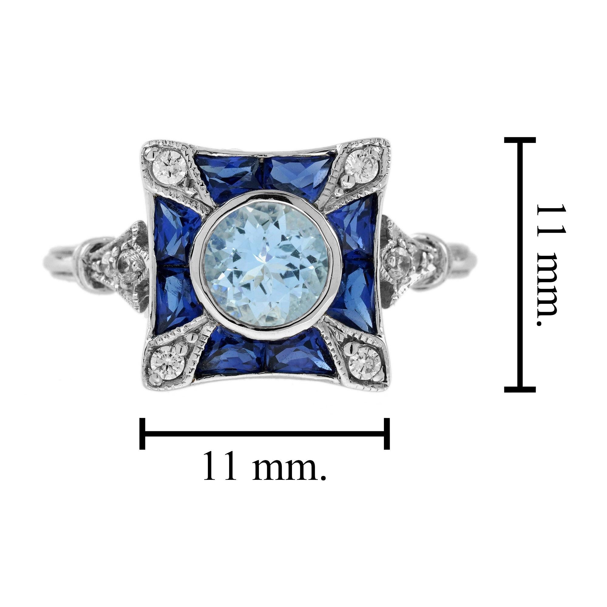 For Sale:  Aquamarine Diamond and Blue Sapphire Art Deco Style Engagement Ring in 18K Gold 7
