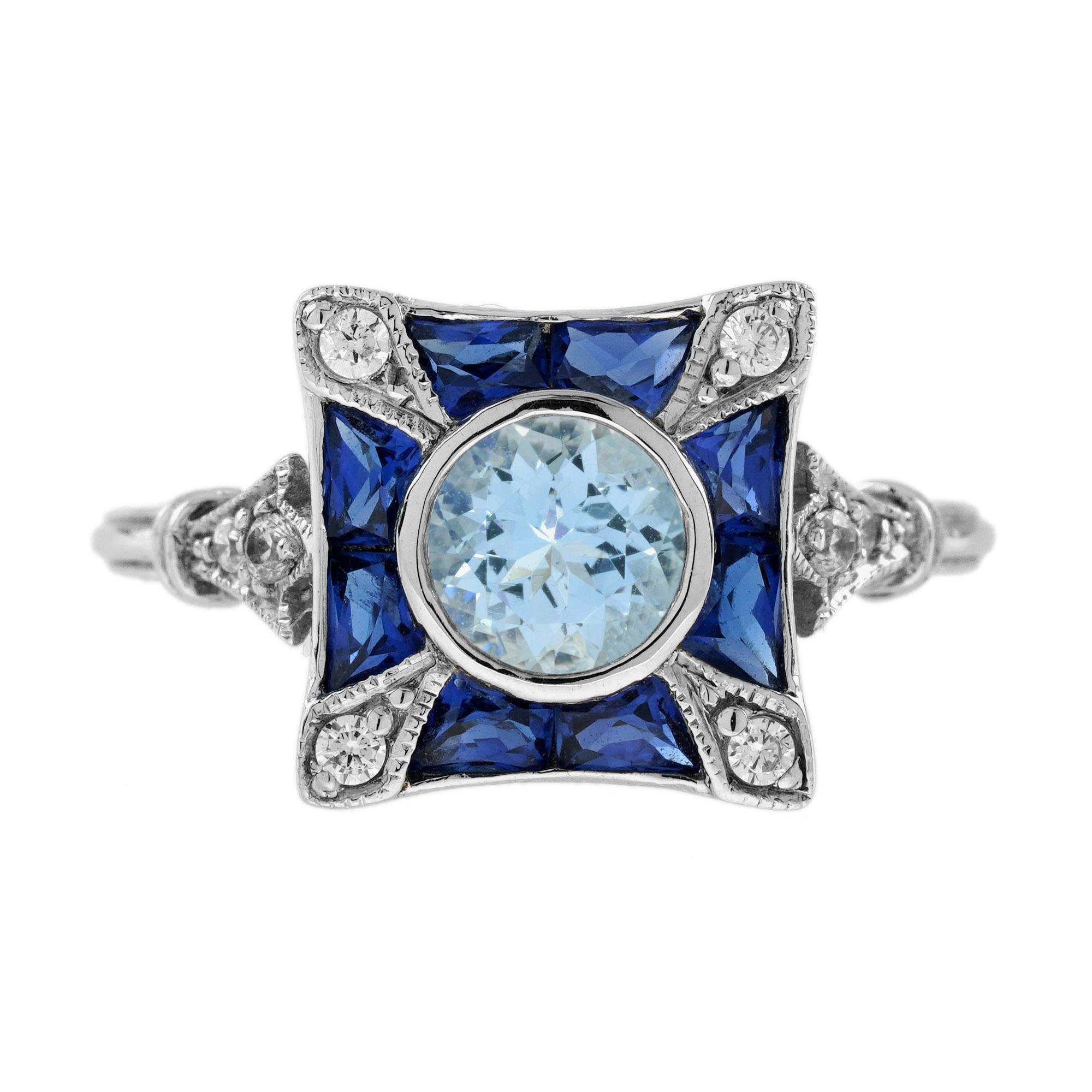 Bague de fiançailles de style Art déco en or 18 carats, aigue-marine, diamant et saphir bleu