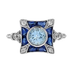 Bague de fiançailles de style Art déco en or 18 carats, aigue-marine, diamant et saphir bleu