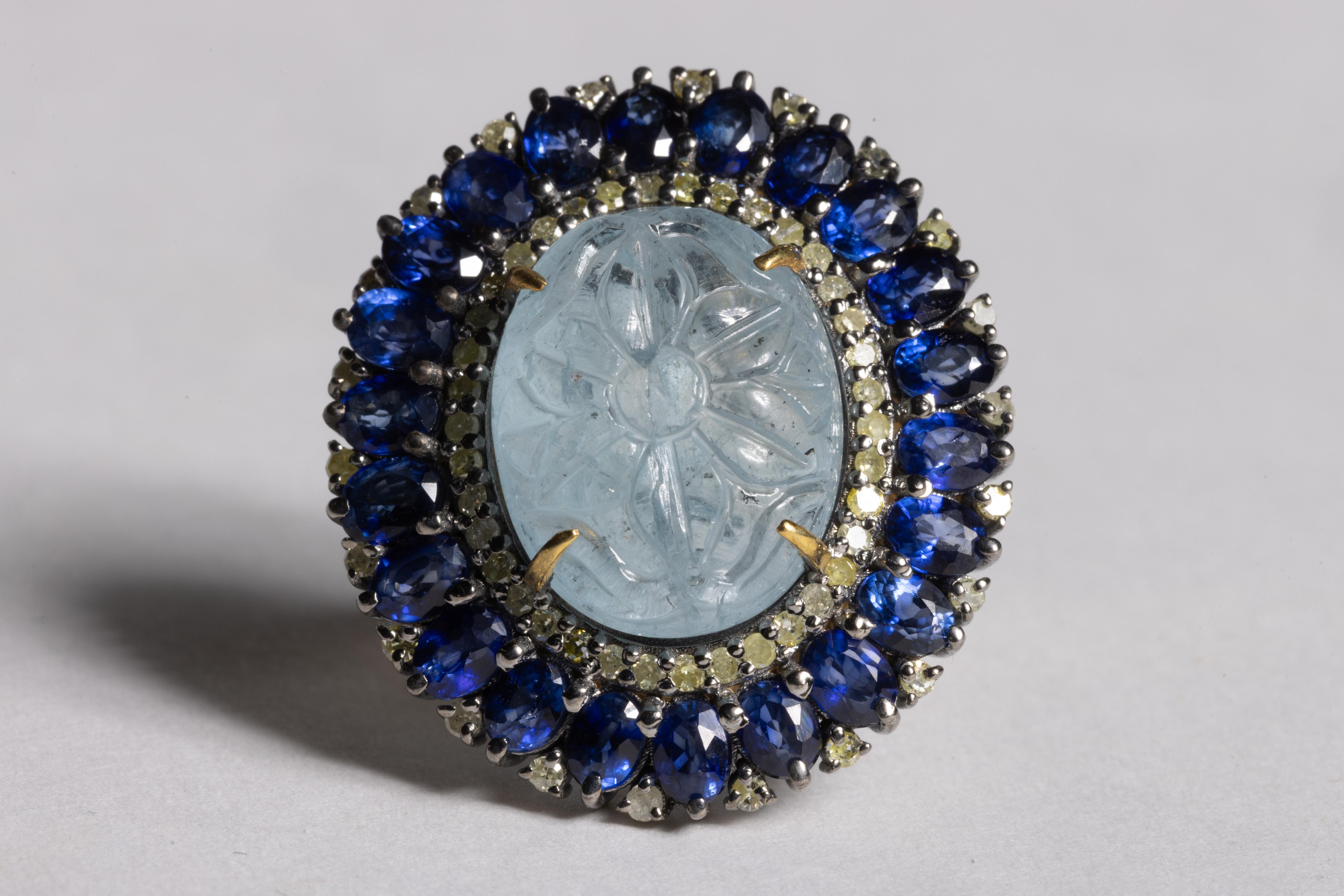 Oval Cut Aquamarine, Diamond and Blue Sapphire Cocktail Ring For Sale