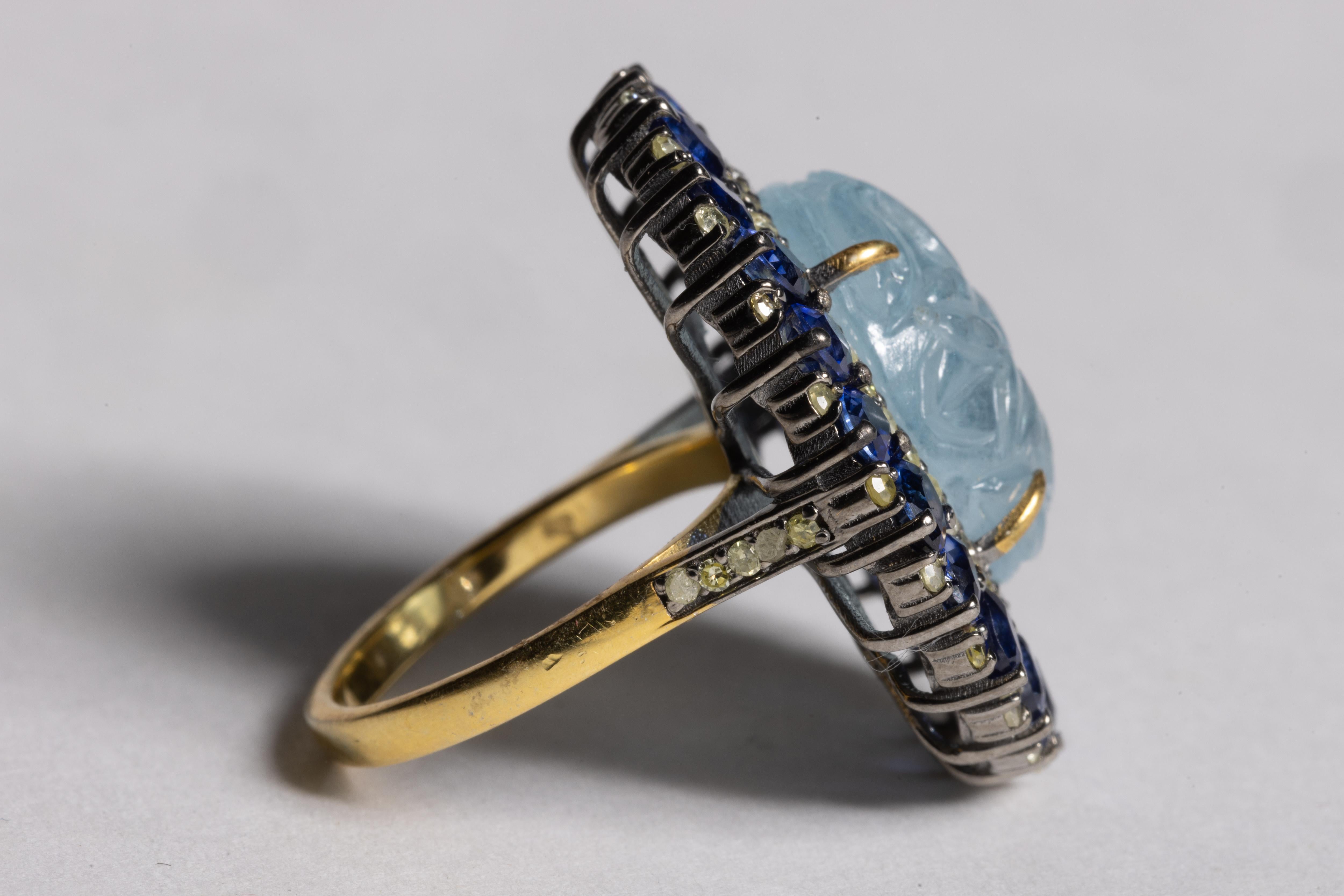 Aquamarine, Diamond and Blue Sapphire Cocktail Ring In Excellent Condition For Sale In Nantucket, MA