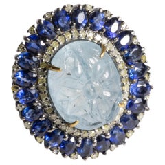 Anello Cocktail con Acquamarina, Diamante e Zaffiro Blu