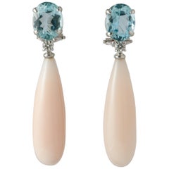 Aquamarine, Diamond and Coral on White Gold 18 Carat Chandelier Earrings