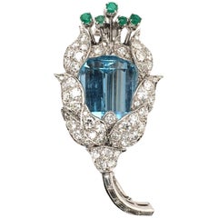 Aquamarine, Diamond and Emerald Flower Brooch Aquamarine, Diamond and Emerald Flower Brooch