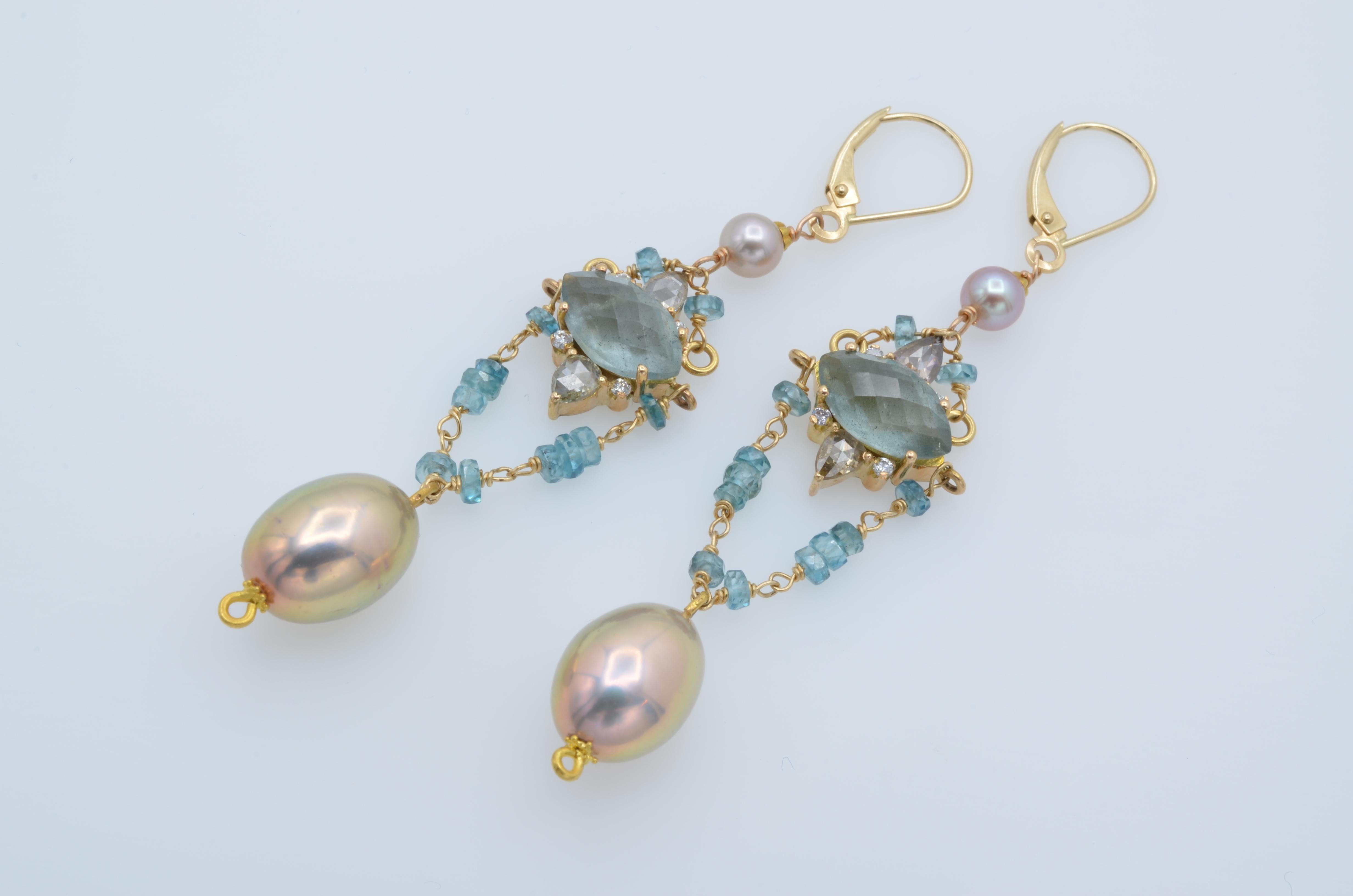 Romantic Aquamarine, Diamond and Pearl Earrings For Sale