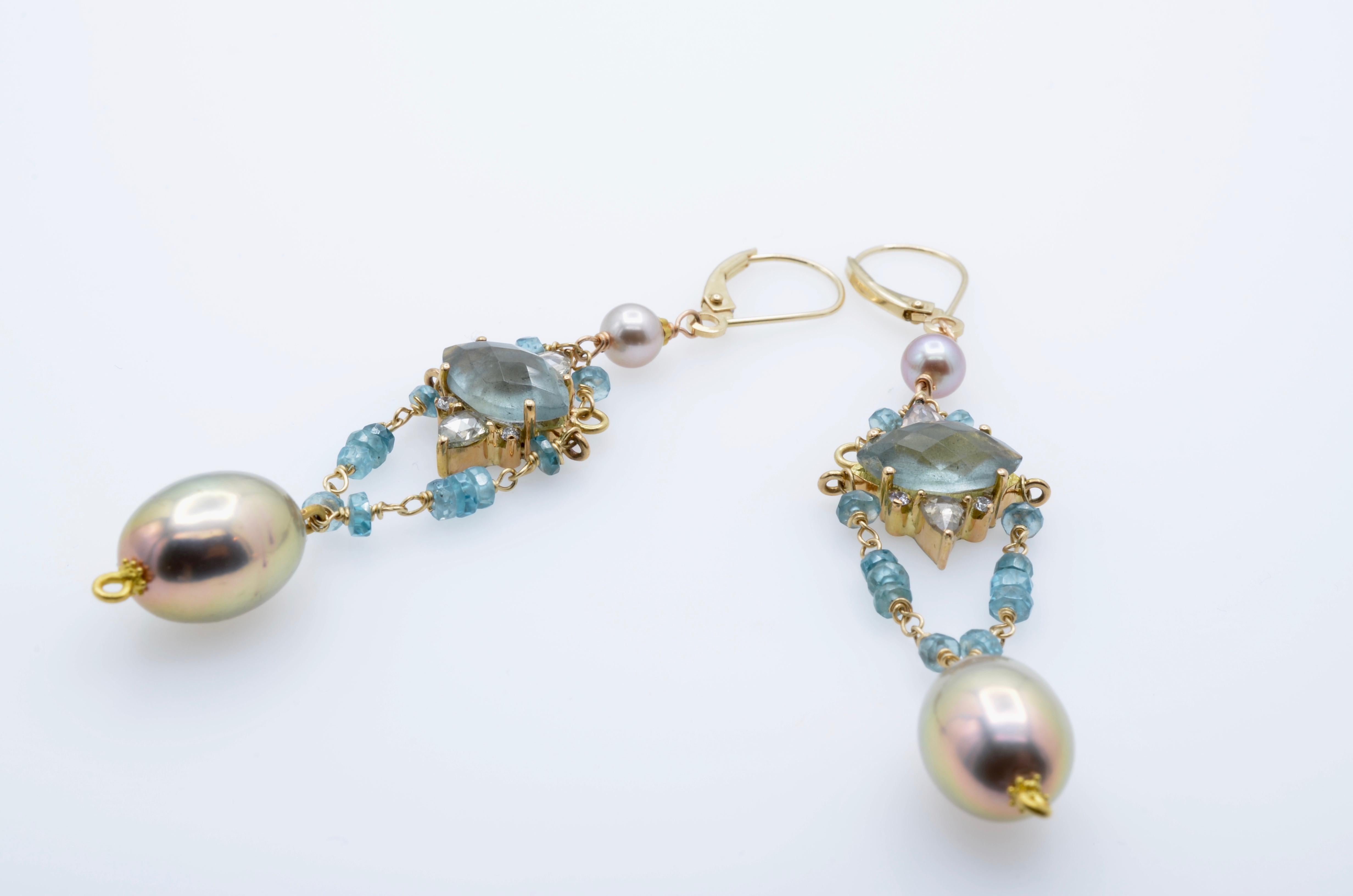 Aquamarine, Diamond and Pearl Earrings In New Condition For Sale In Berkeley, CA
