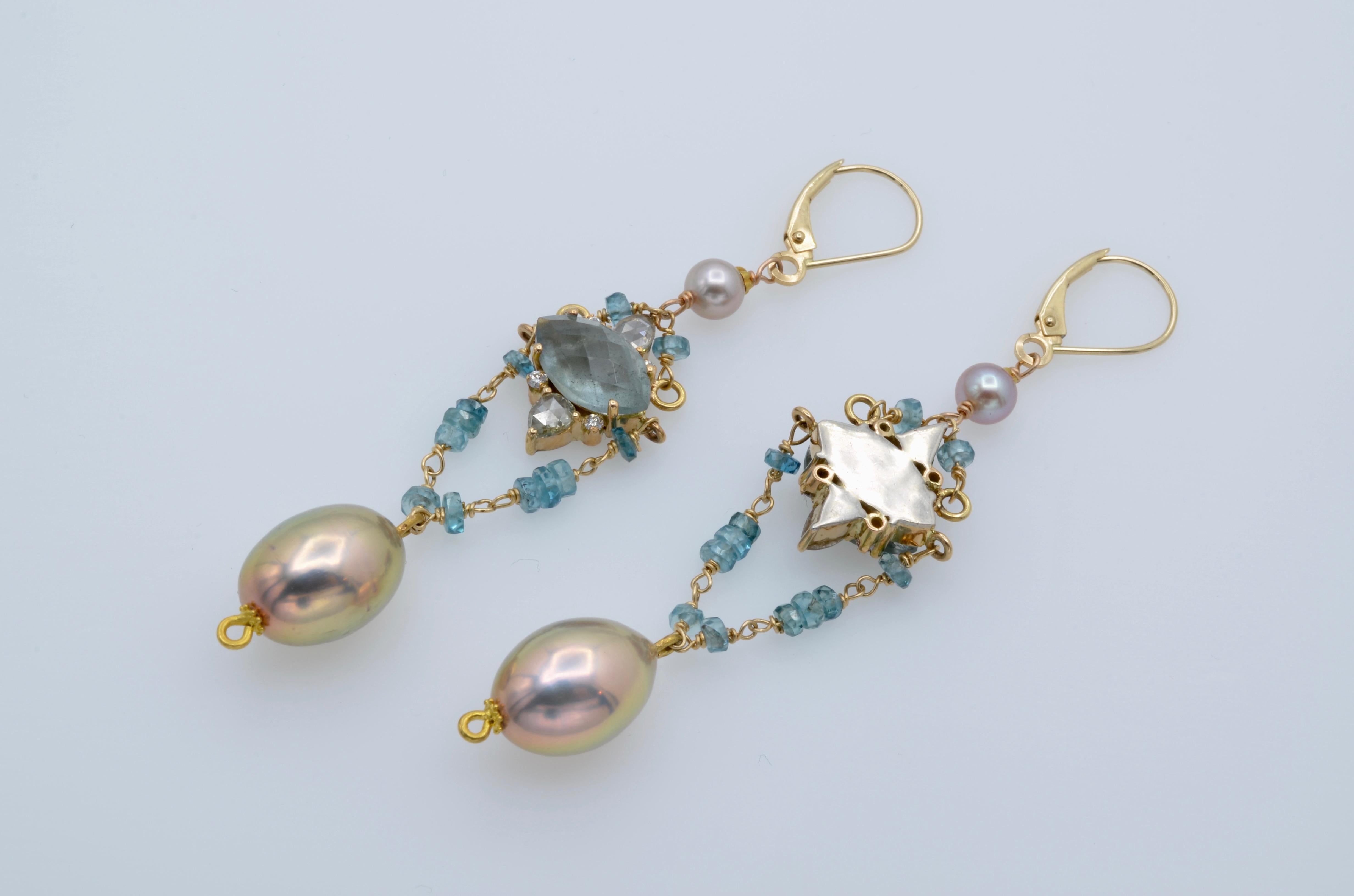 Women's or Men's Aquamarine, Diamond and Pearl Earrings For Sale