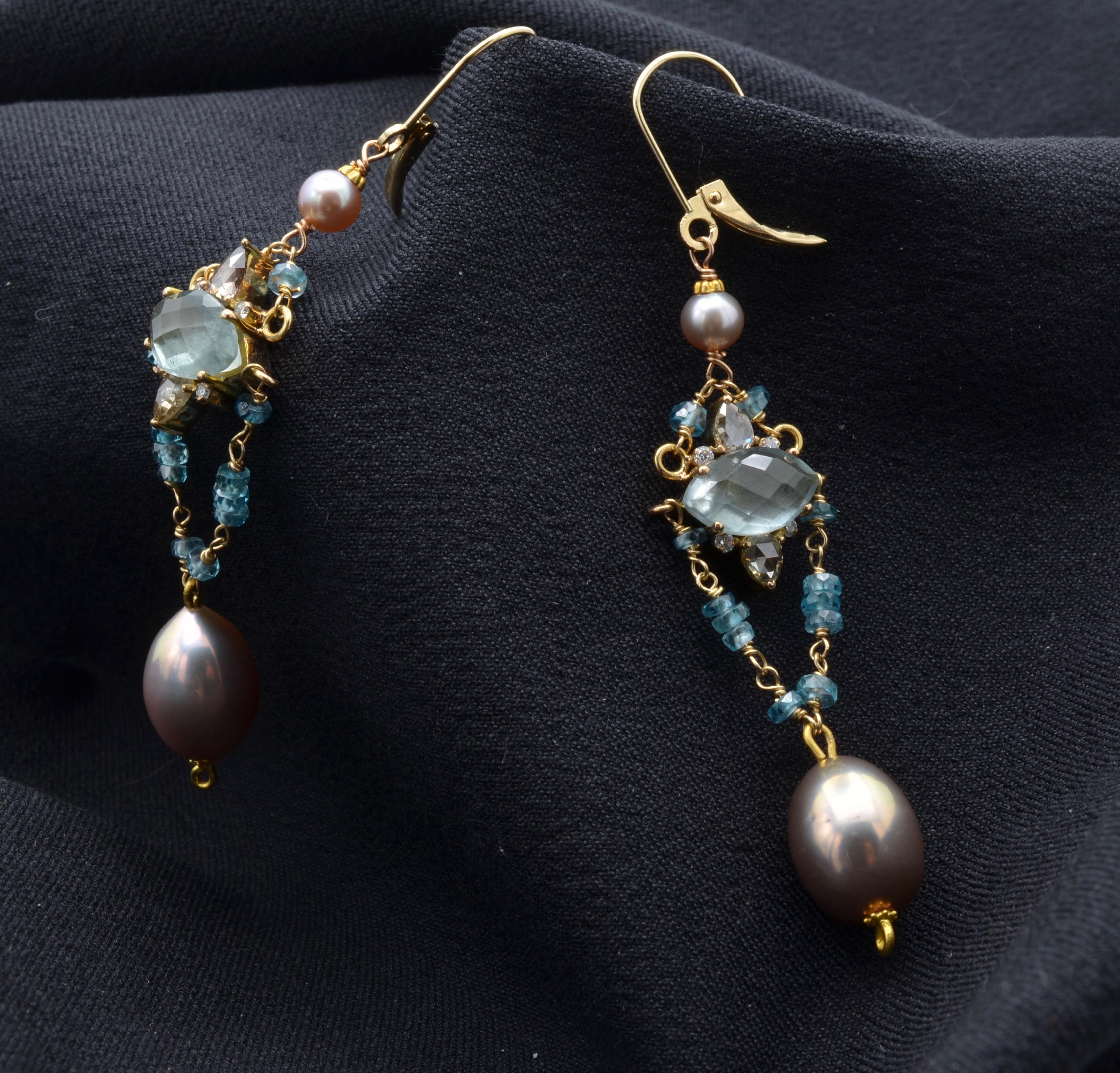 Aquamarine, Diamond and Pearl Earrings For Sale 1