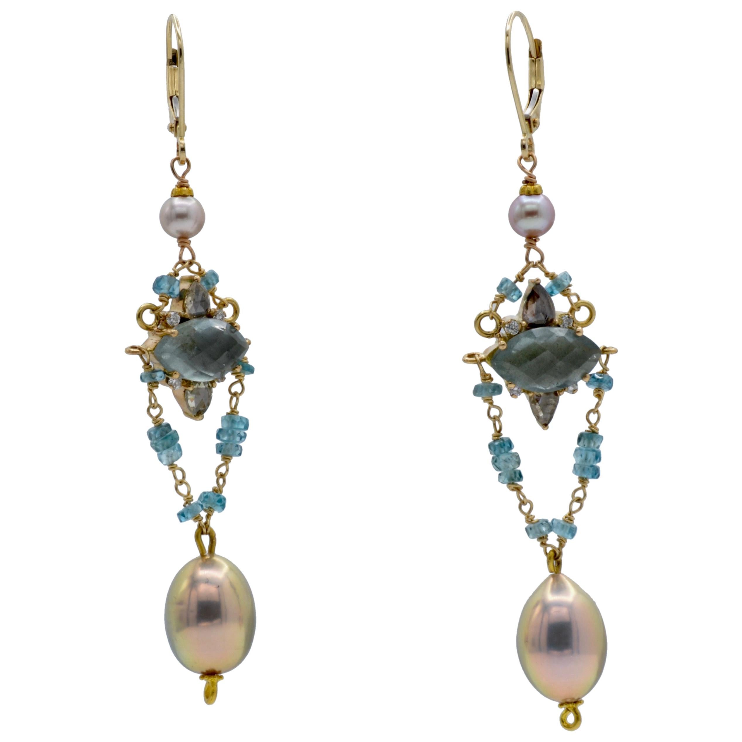 Aquamarine, Diamond and Pearl Earrings For Sale