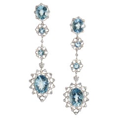 Aquamarine, Diamond and Platinum Cluster Drop Earrings, 17.37 Carats