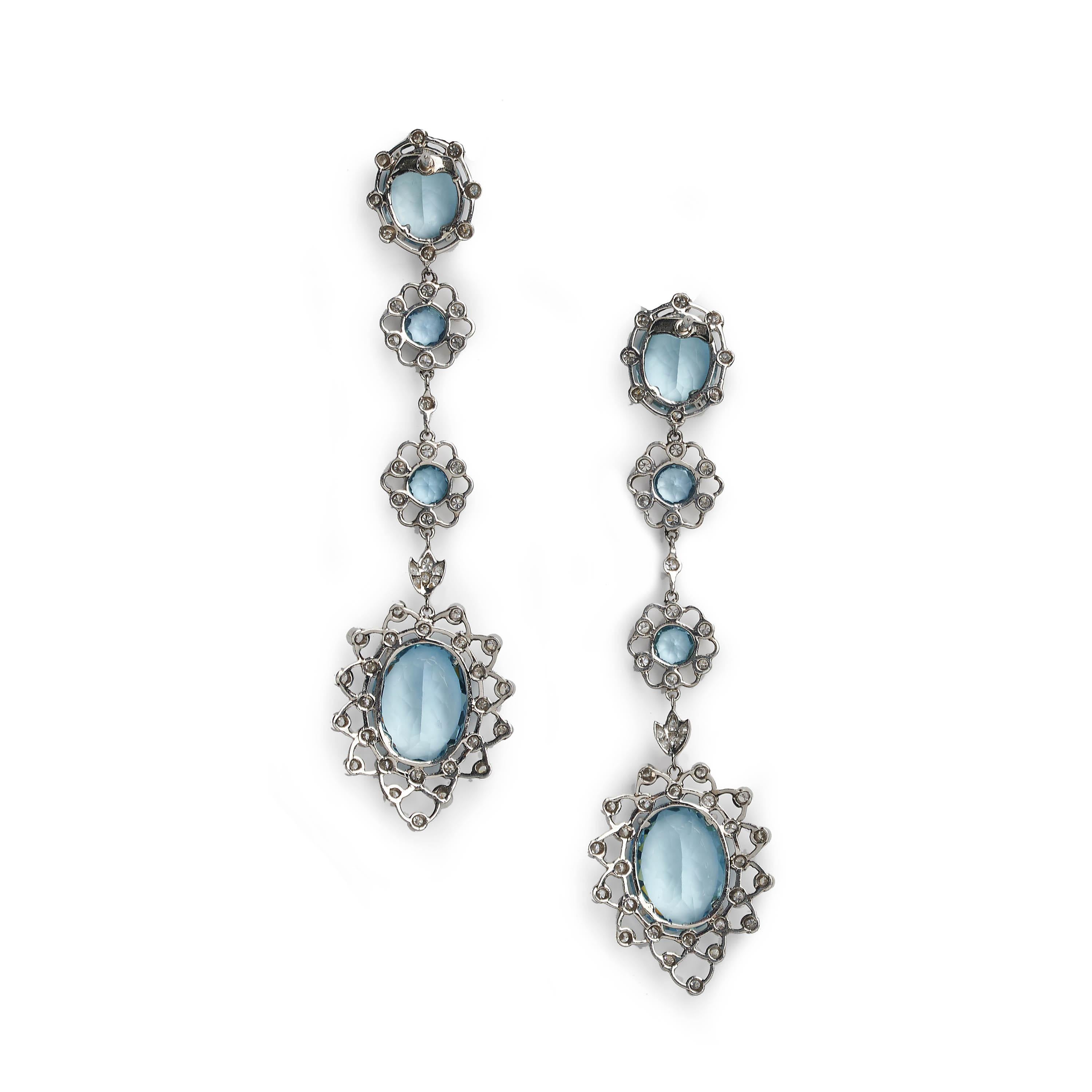 Modern Aquamarine, Diamond and Platinum Cluster Drop Earrings For Sale