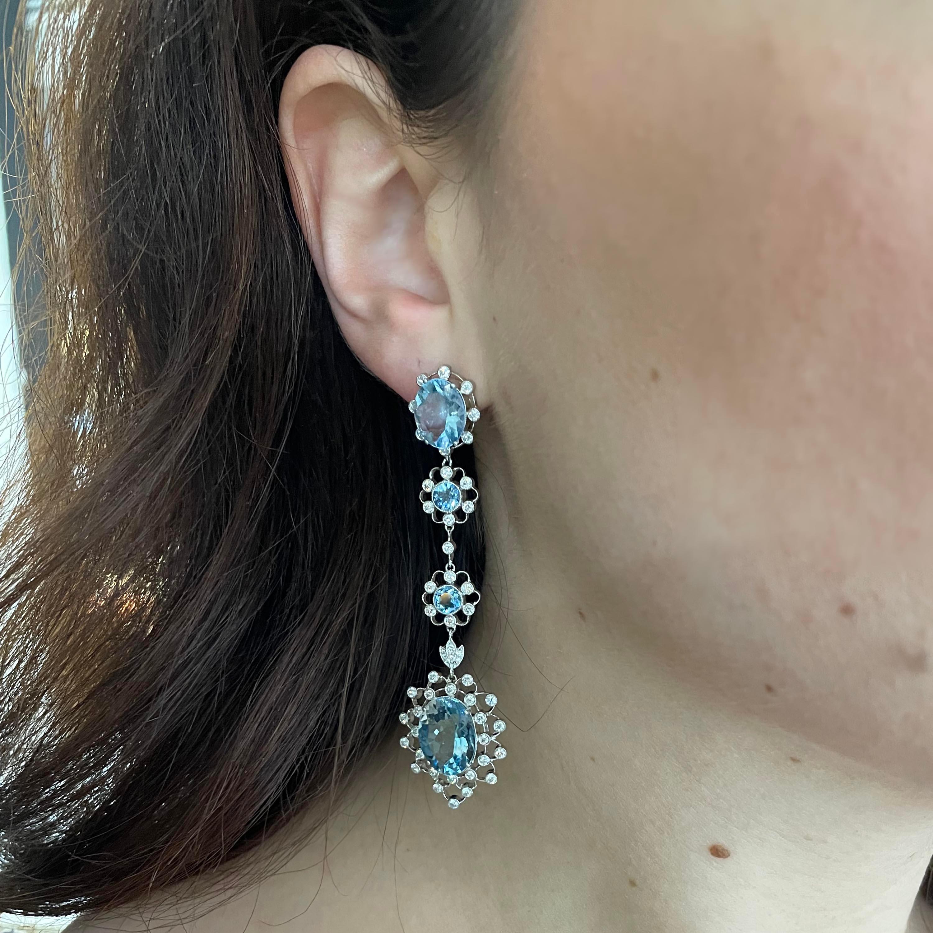 Oval Cut Aquamarine, Diamond and Platinum Cluster Drop Earrings For Sale