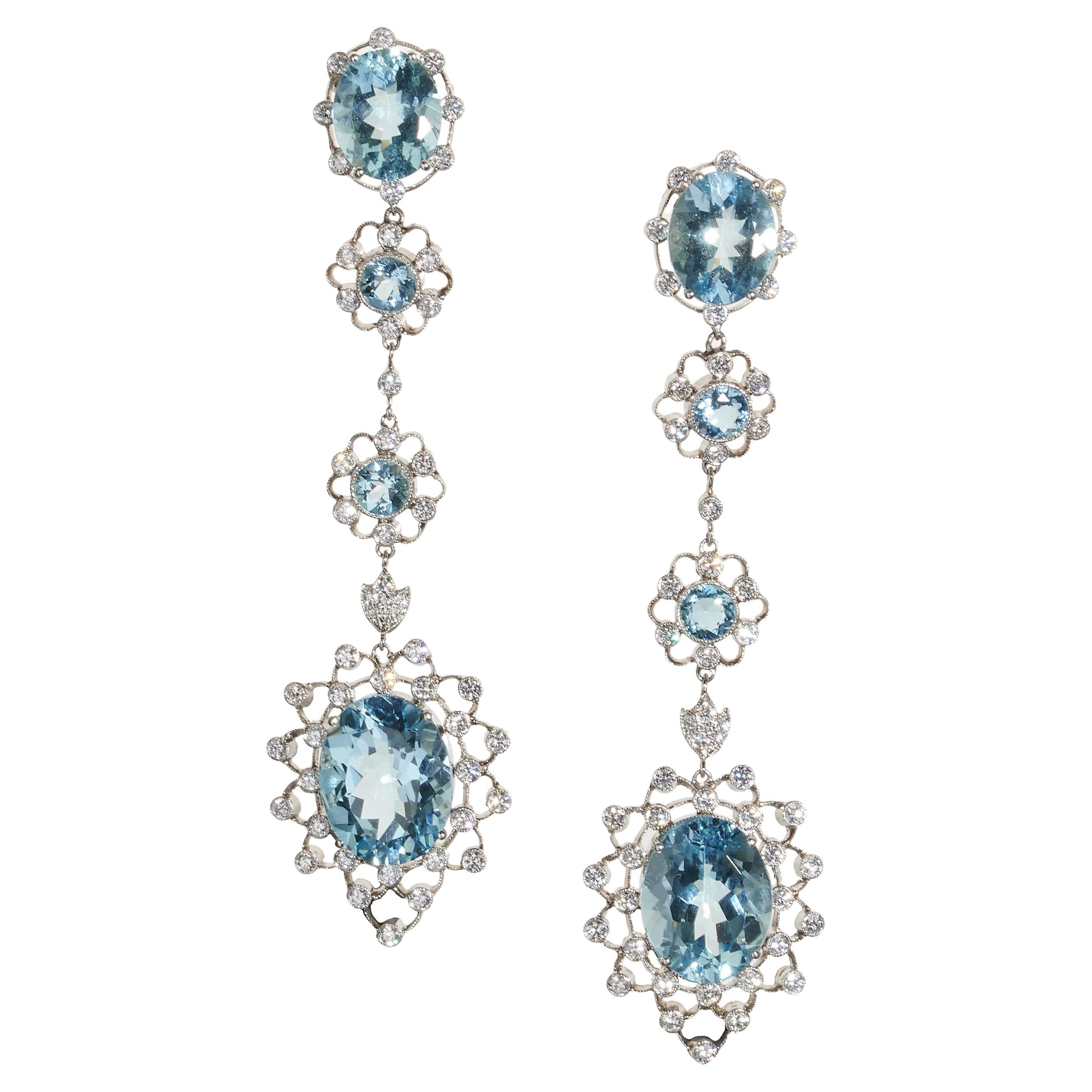 Aquamarine, Diamond and Platinum Cluster Drop Earrings For Sale