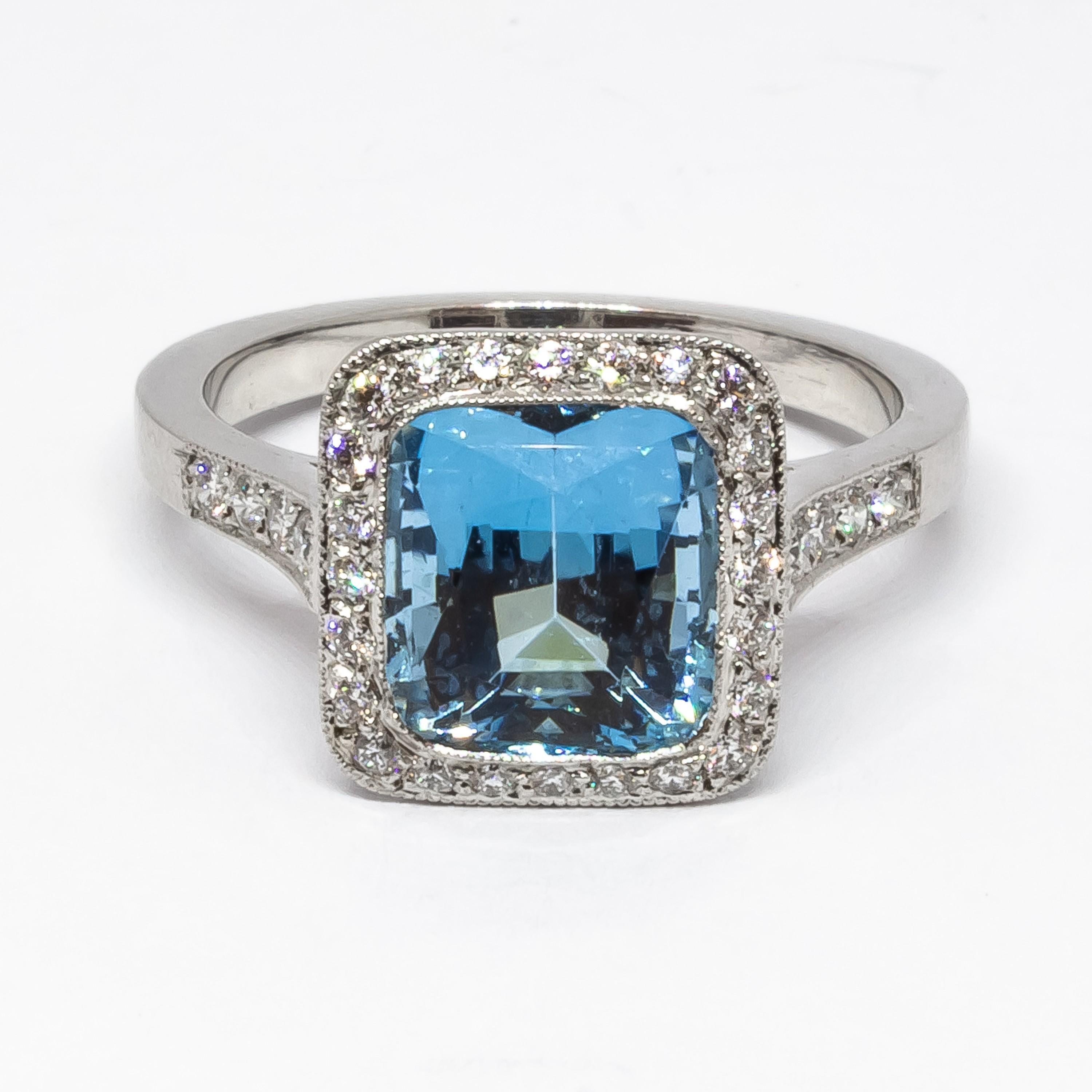 Cushion Cut Aquamarine, Diamond and Platinum Cluster Ring For Sale