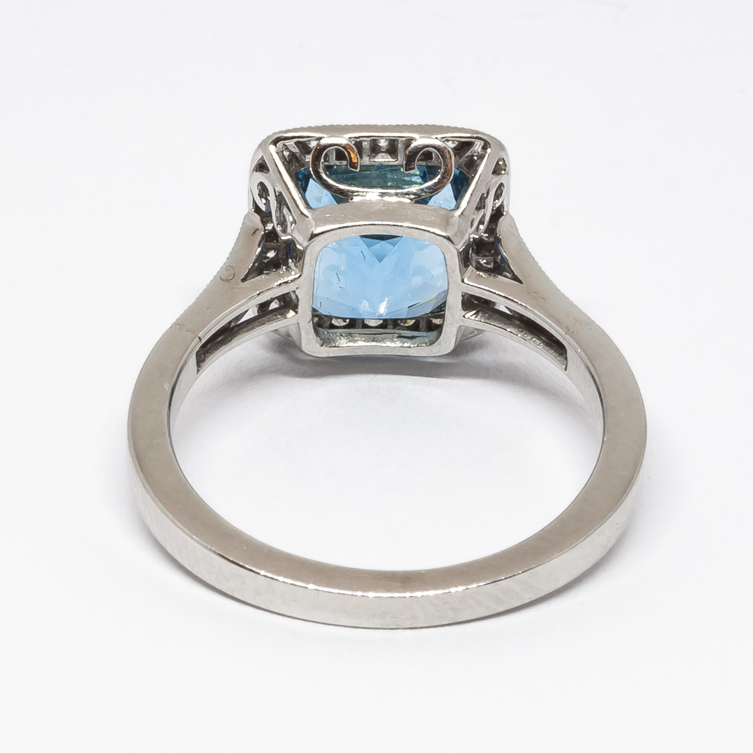 Women's Aquamarine, Diamond and Platinum Cluster Ring For Sale