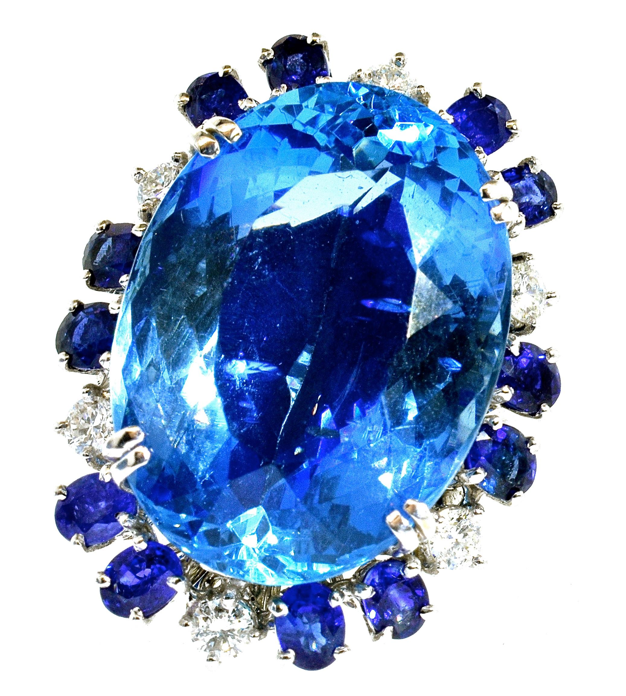 Contemporary Aquamarine, Diamond and Sapphire French Ring