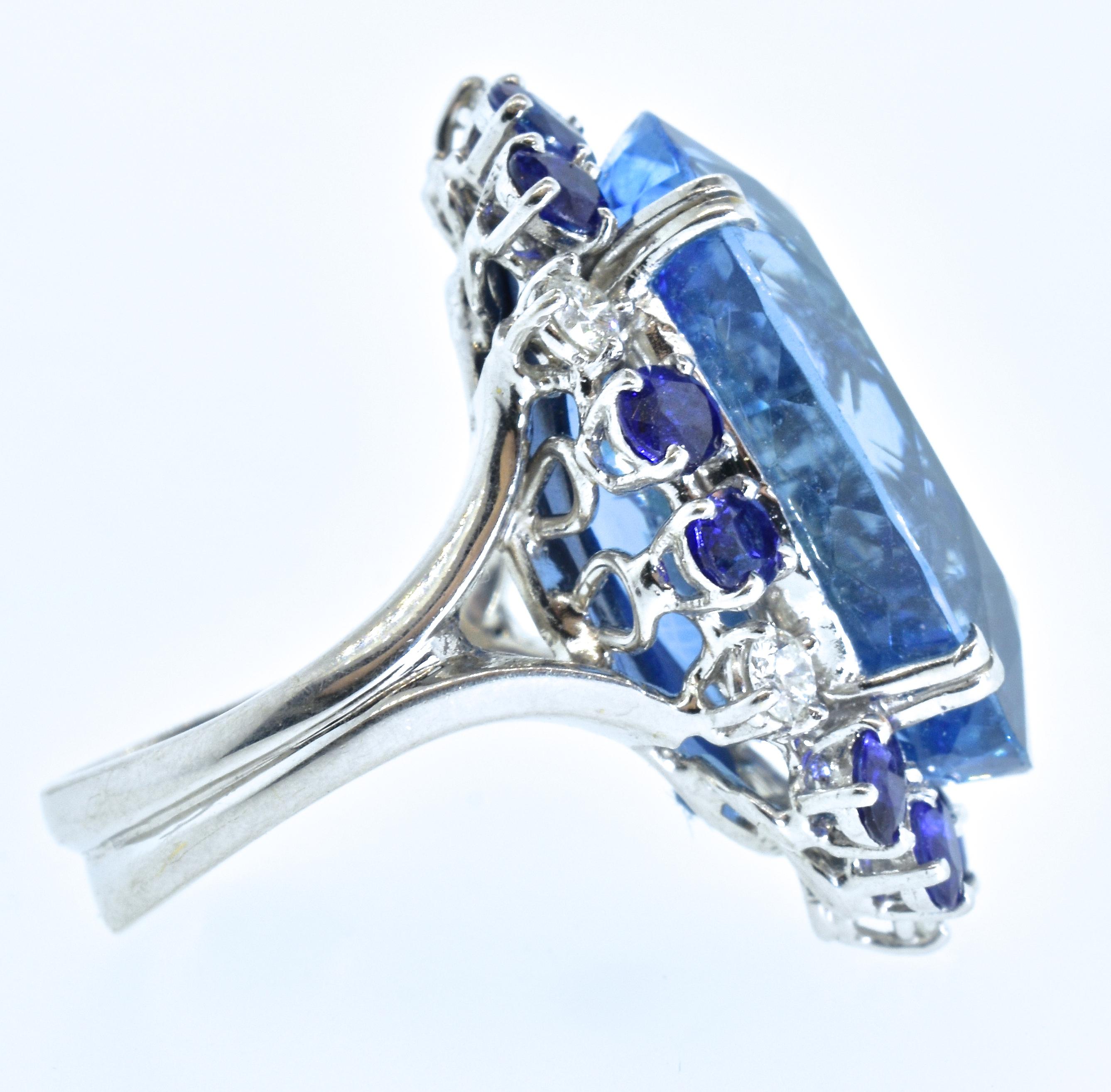 Aquamarine, Diamond and Sapphire French Ring In Excellent Condition In Aspen, CO