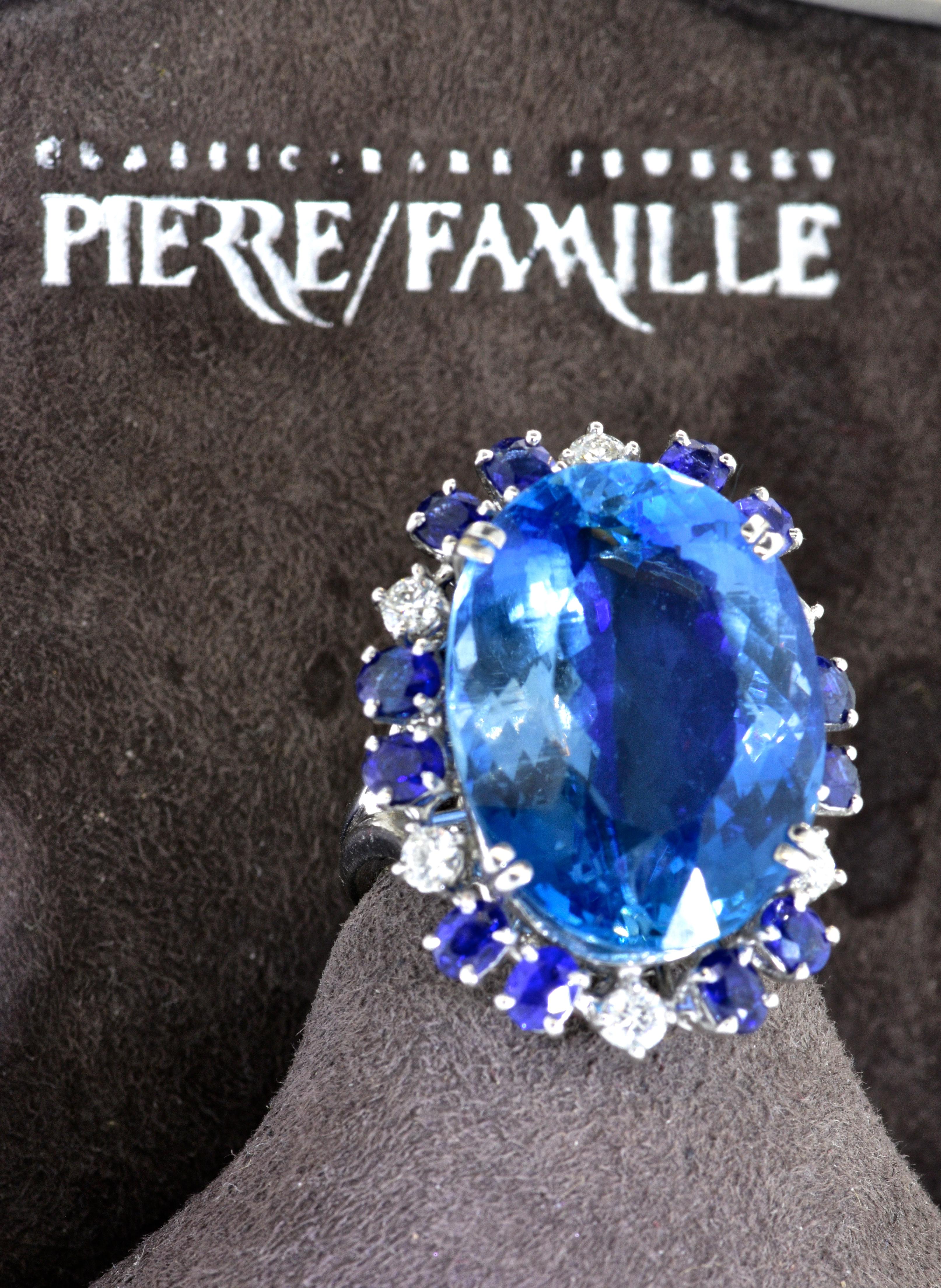 Women's or Men's Aquamarine, Diamond and Sapphire French Ring