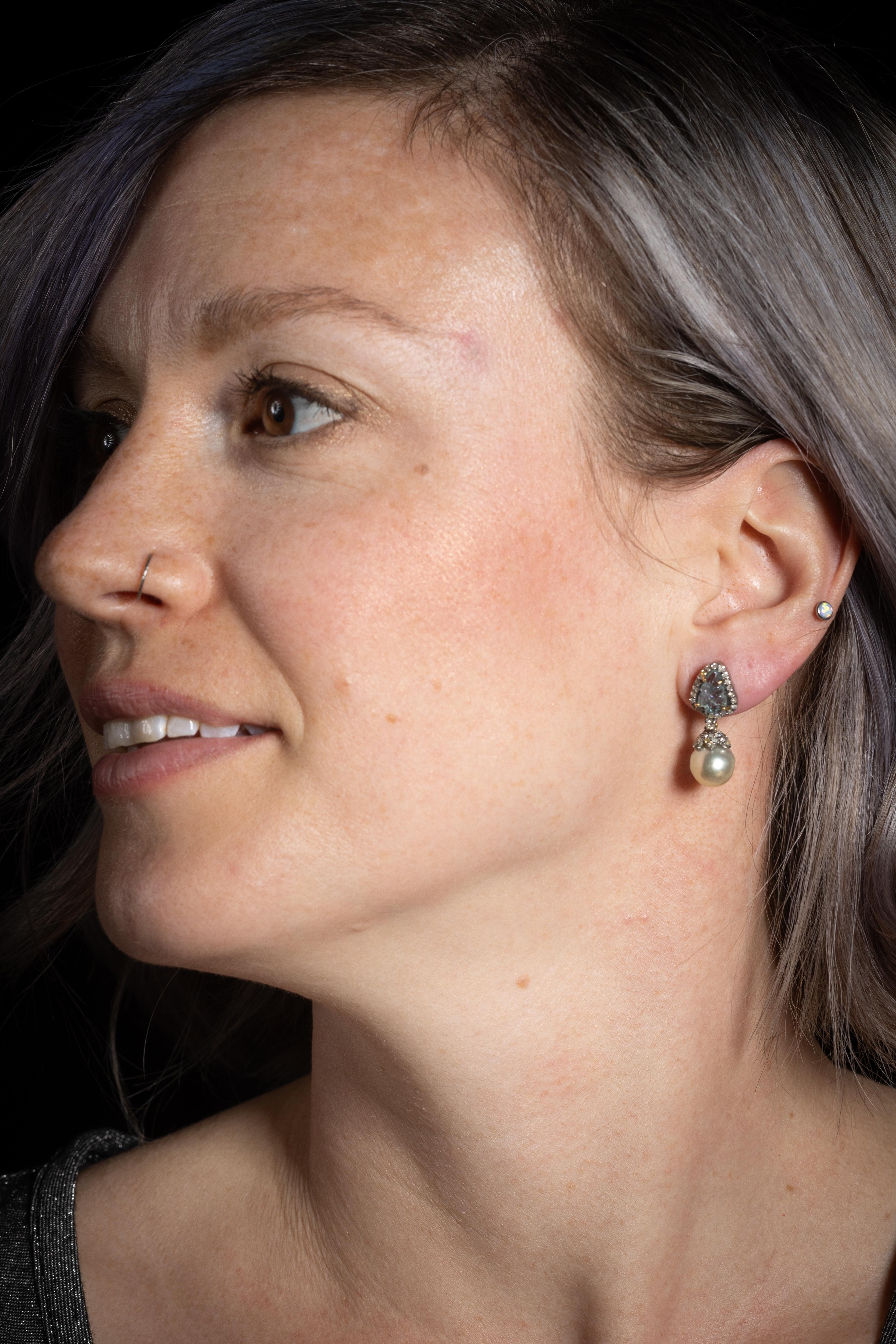 Aquamarine, Diamond and Silver Pearl Drop Earrings In Excellent Condition For Sale In Nantucket, MA