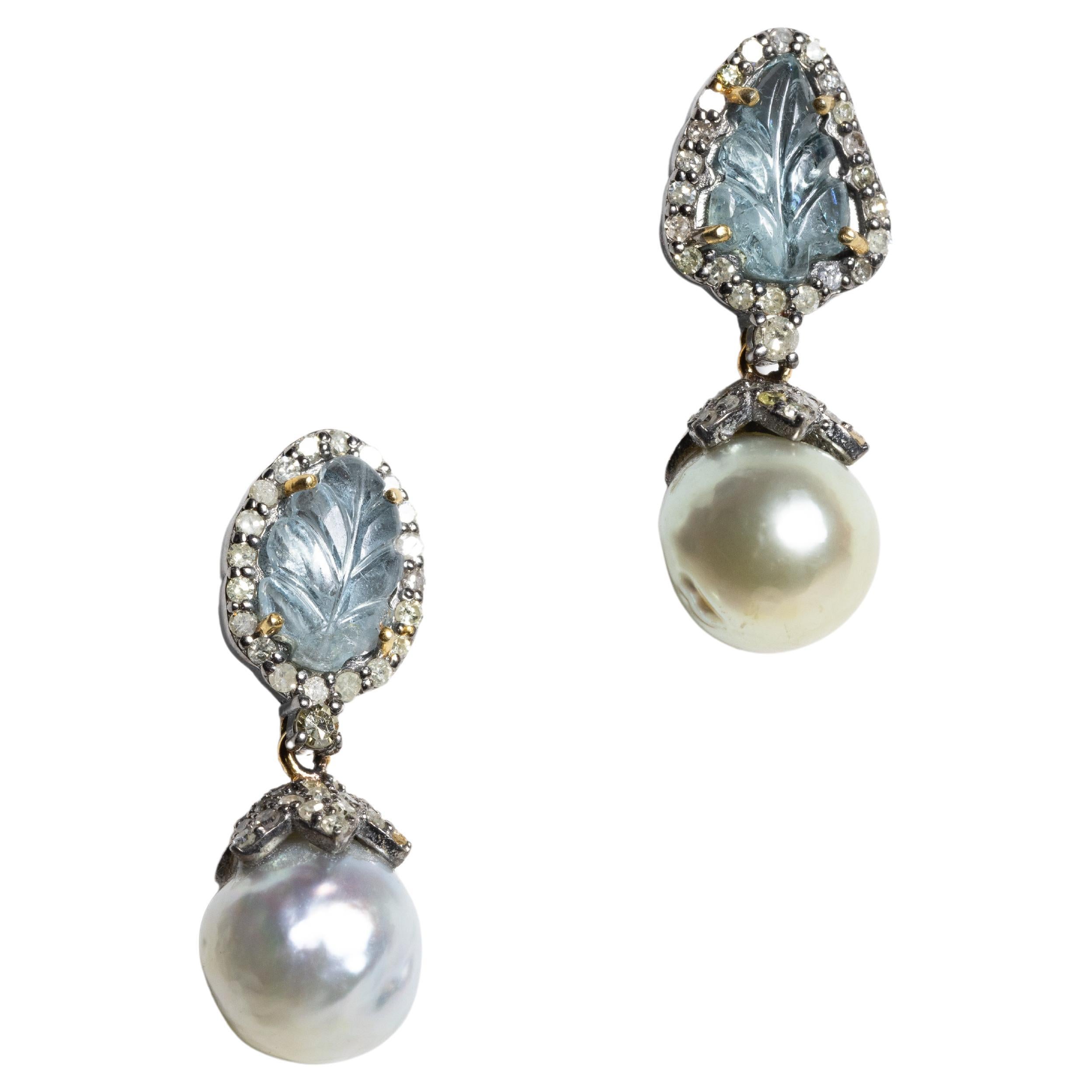 Aquamarine, Diamond and Silver Pearl Drop Earrings For Sale