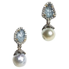 Pendientes de aguamarina, diamantes y perlas de plata