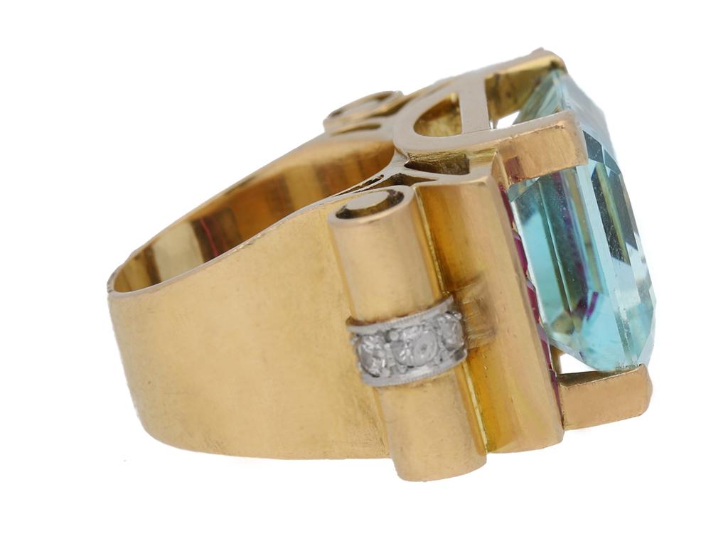Emerald Cut Aquamarine, diamond and synthetic ruby cocktail ring, circa 1945. For Sale