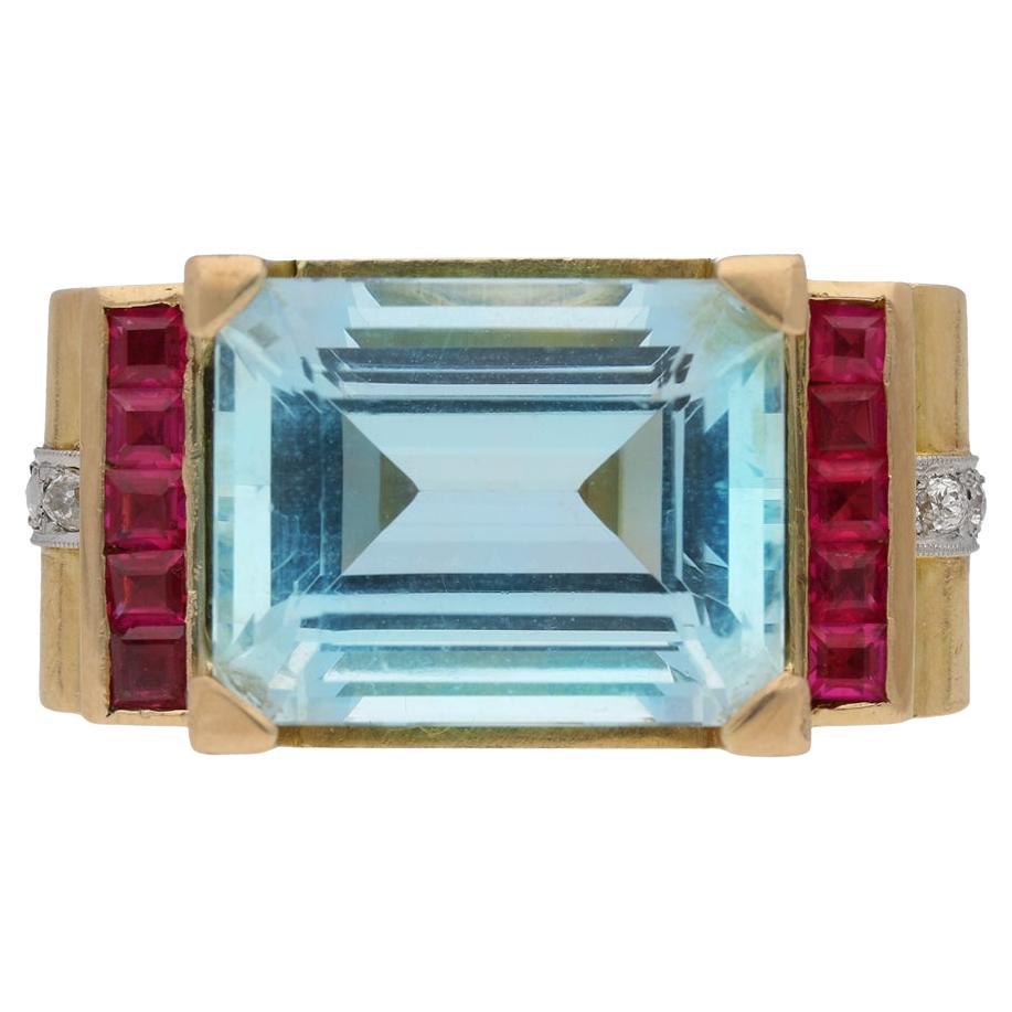 Aquamarine, diamond and synthetic ruby cocktail ring, circa 1945. For Sale