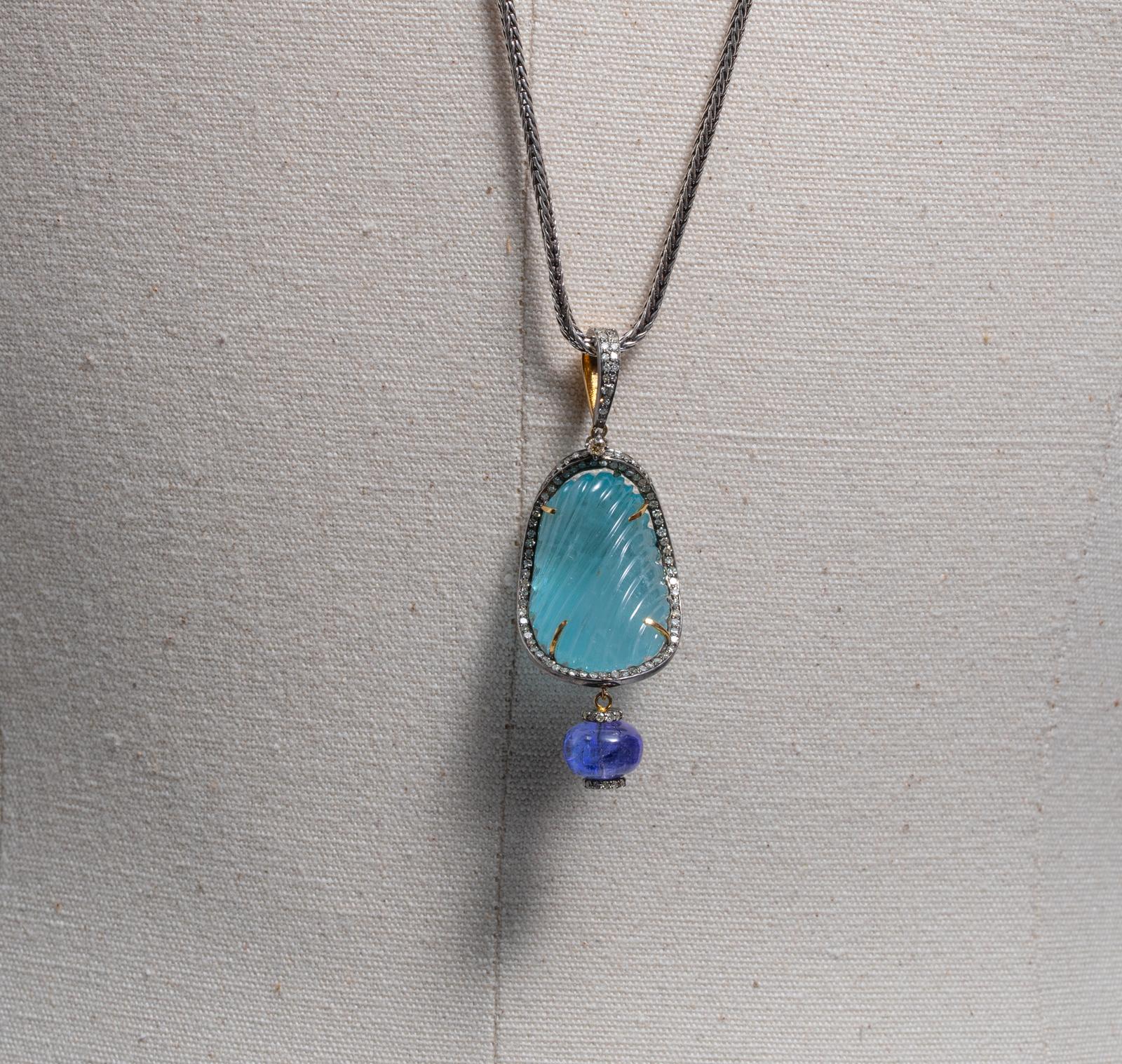 Bead Aquamarine, Diamond and Tanzanite Long Pendant Necklace