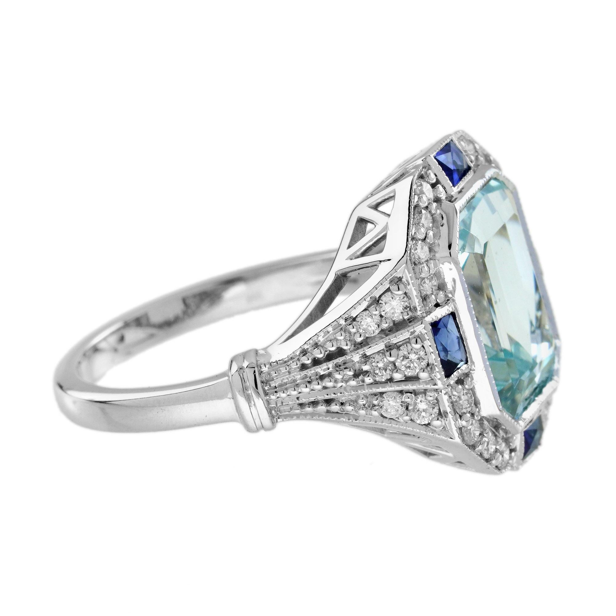 Aquamarine Diamond Art Deco Style Engagement Ring in 18K White Gold In New Condition For Sale In Bangkok, TH