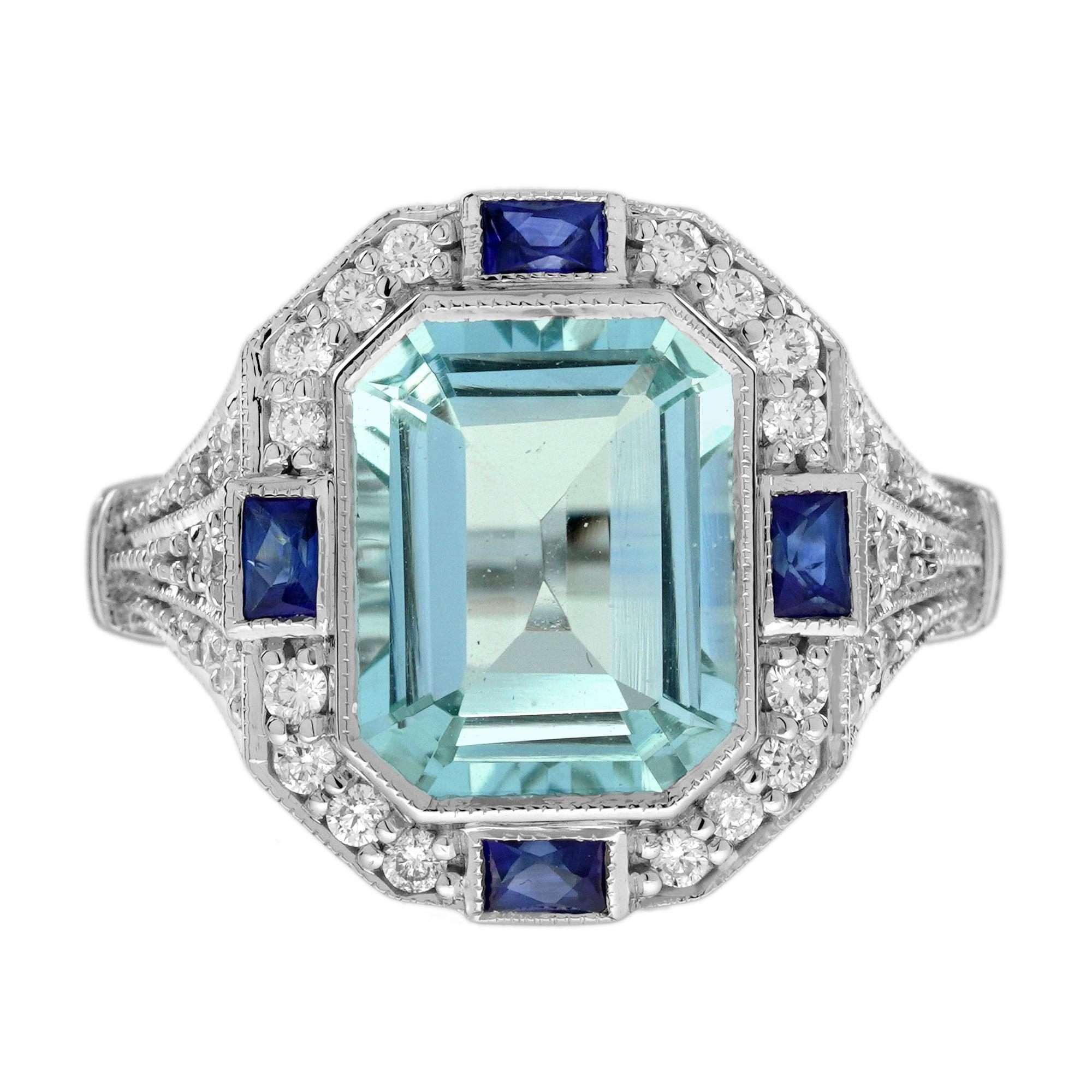 Aquamarine Diamond Art Deco Style Engagement Ring in 18K White Gold
