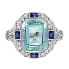 Anillo de compromiso de diamantes aguamarina estilo Art Déco en oro blanco de 18 quilates