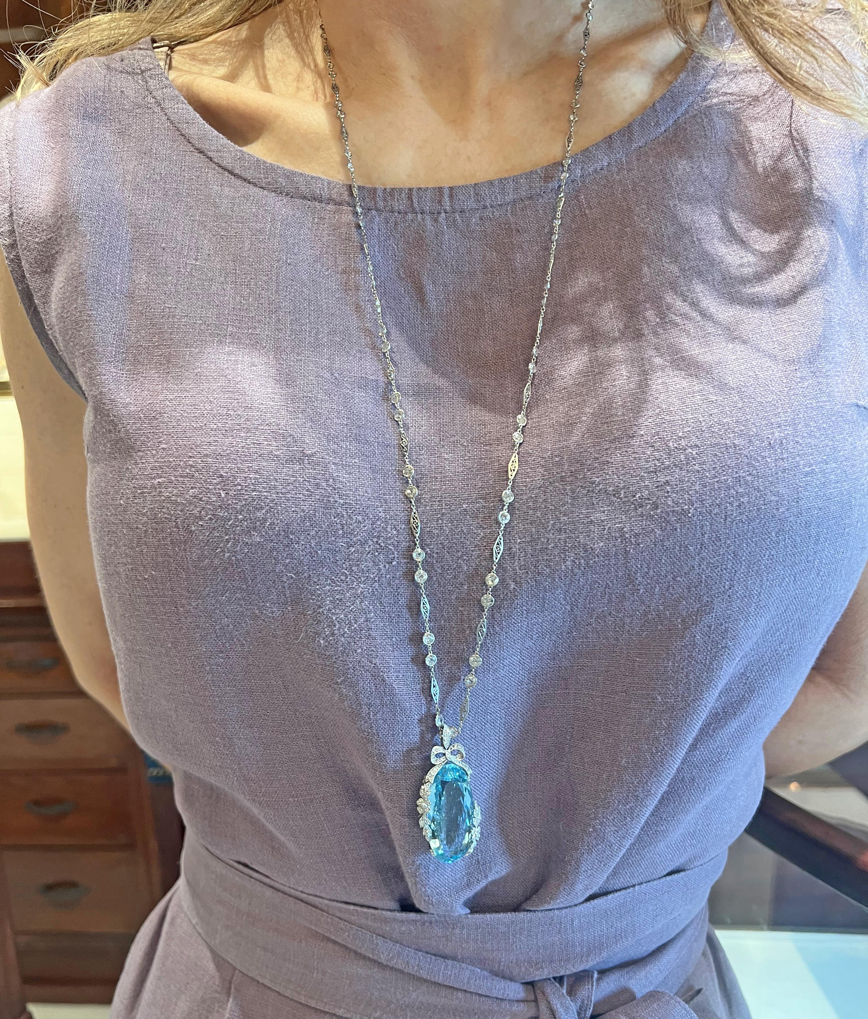 Oval Cut Aquamarine Diamond Belle Époque Pendant Long Chain Necklace For Sale