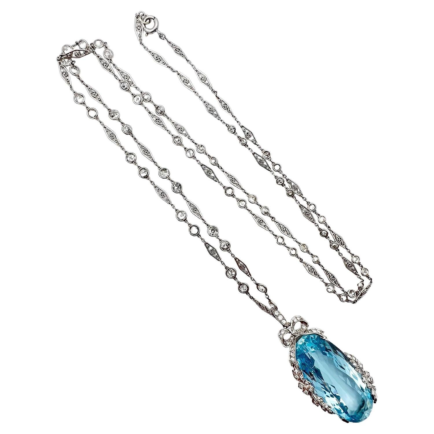 Aquamarine Diamond Belle Époque Pendant Long Chain Necklace In Excellent Condition For Sale In Palm Beach, FL